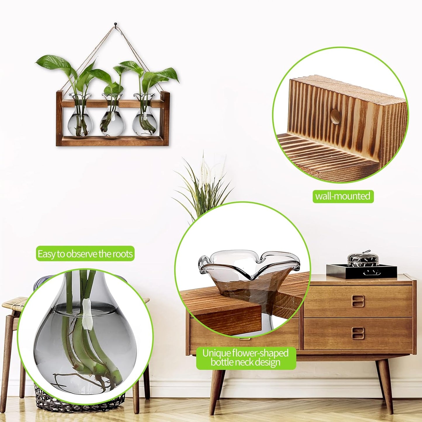 Plant Propagation Station Plant Terrarium Unique Birthday Gifts for Women Home Office Decor Planter with Wooden Stand - 3 Bulb Glass Vase