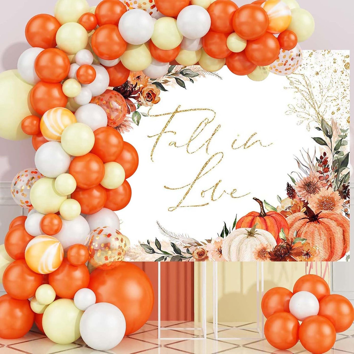 Mocsicka Fall in Love Bridal Shower Backdrop Boho Autumn Leaves Pumpkin Bride Shower Background Terracotta Flower Pampas Grass Wedding Party Banner Decoration (White, 8x6ft(96''x72''))