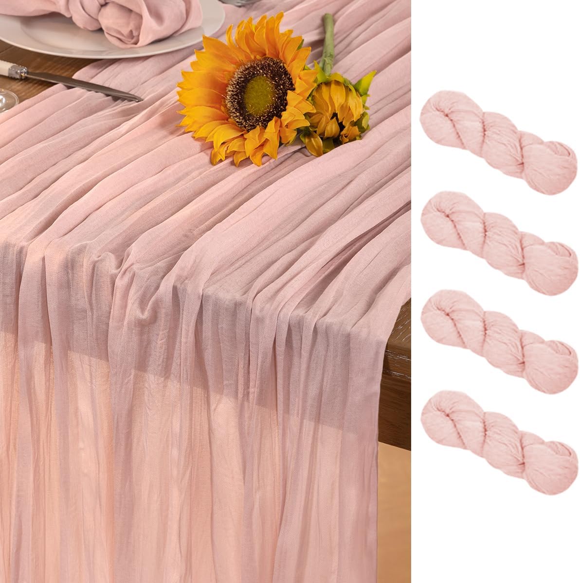 Pink Cheesecloth Table Runner 4 Pack Fall Table Runners Boho Gauze 120 Inches Light Pink Cheese Cloth Fall Table Decorations for Thanksgiving Wedding Bridal Girl Baby Shower Sweet 16 Party