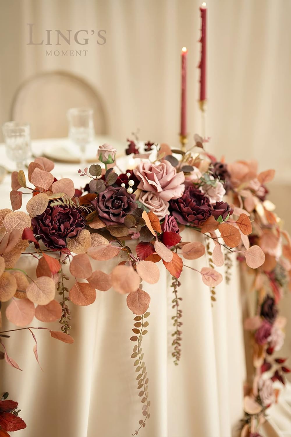 Ling's moment 9FT Eucalyptus and Willow Leaf Garland with White Flower, Handcrafted Wedding Sweetheart Table Centerpieces Head Table Decor Arch Backdrop Decorations for Wedding | Burgundy & Dusty rose