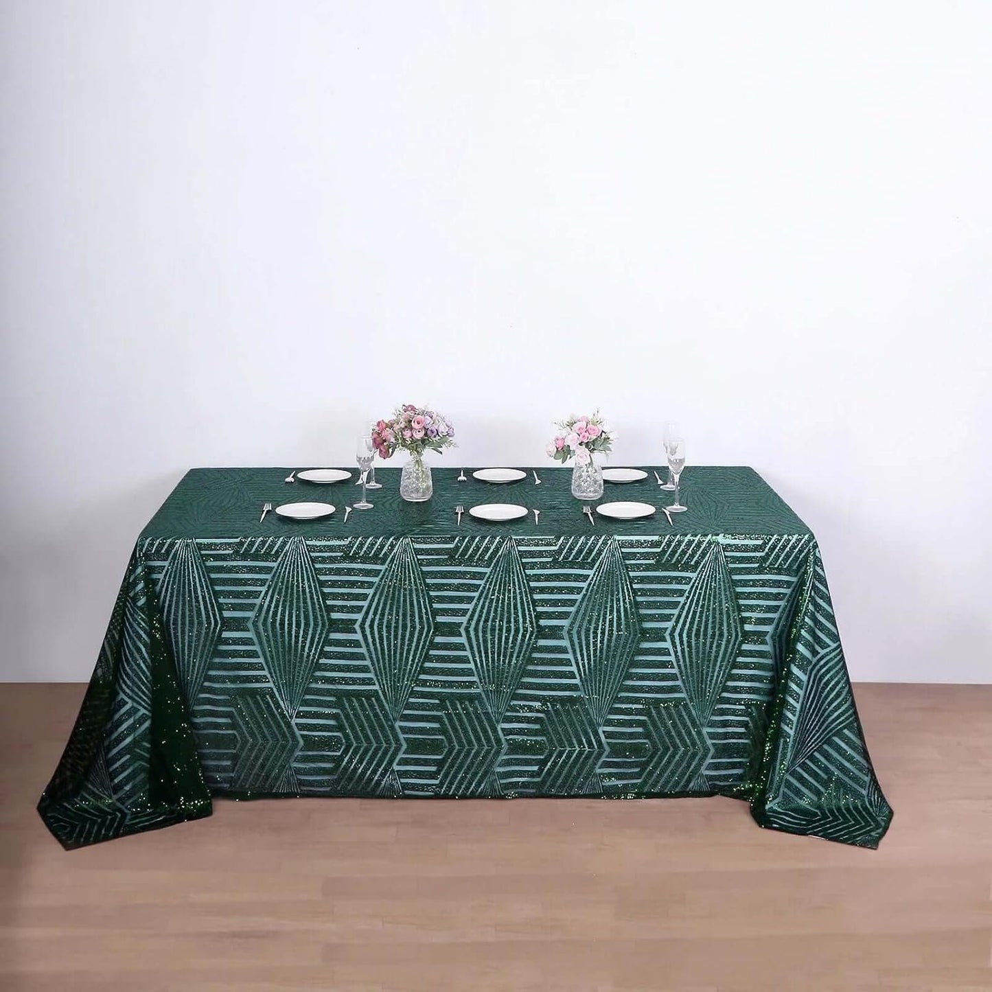 Efavormart 90"X132" Hunter Emerald Green Sparkly Sequin Geometric Tulle Rectangular Tablecloth
