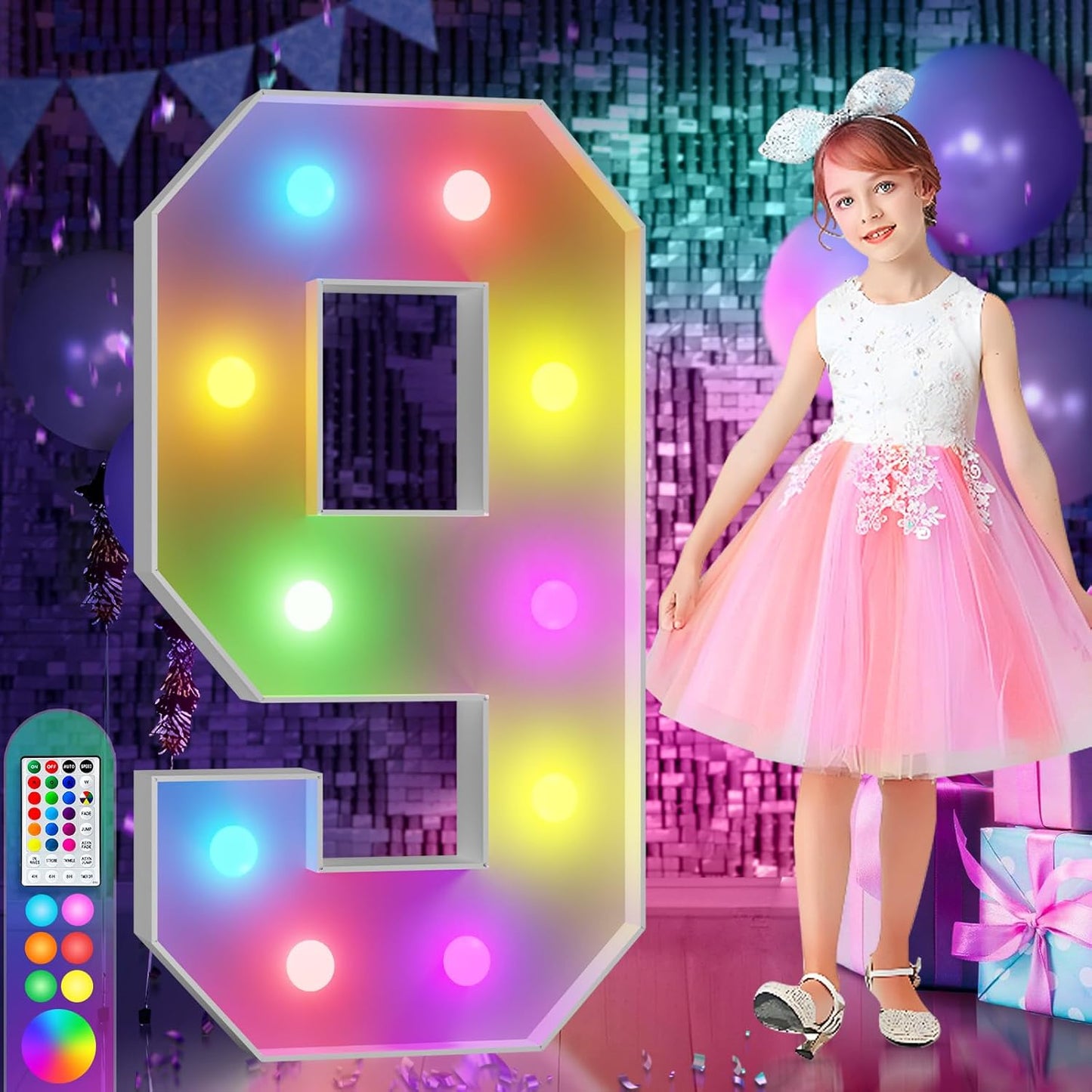 imprsv 4FT Colorful Marquee Numbers,18 Colors Number 9 with Remote, Light Up Sign for 8th Birthday Decorations Anniversary Party Decor, Pre-Cut Foam Board Kit, Mosaic Sign for Balloon