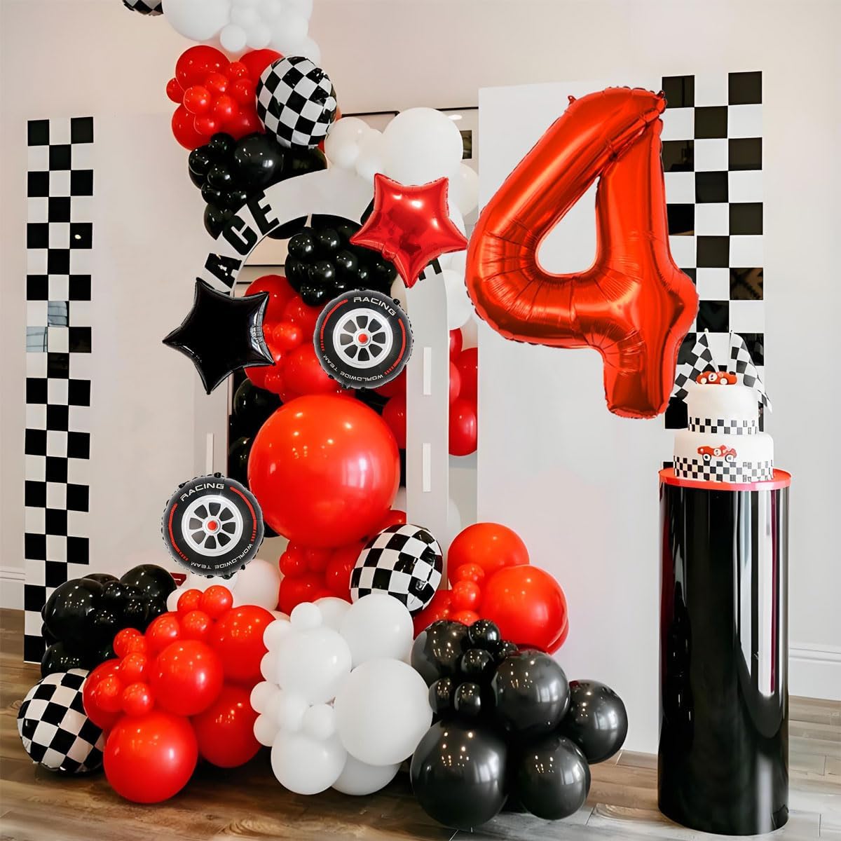 Race Car Birthday Decorations - 40 Inch Mylar Red Number 4 Balloons - Black Foil Checkered Race Car Balloons for 4st Birthday Race Cars Themed Party Decorations Supplies