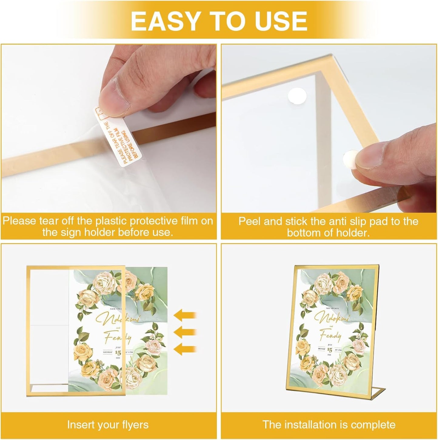 EHWINE 12 Pack Acrylic Sign Holder 8.5 x 11, Gold Picture Frame Stand up Table Top Sign Holders, Slanted Back Paper Holder Clear Display Stand Menu Flyer Holder for Wedding Party