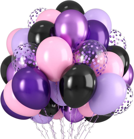 Purple Pink Black Balloons, 12 Inch Pink Black Macaron Dark Metallic Purple Confetti Balloons for Girls Wedding Bridal Shower Baby Shower Birthday Halloween Party Decorations