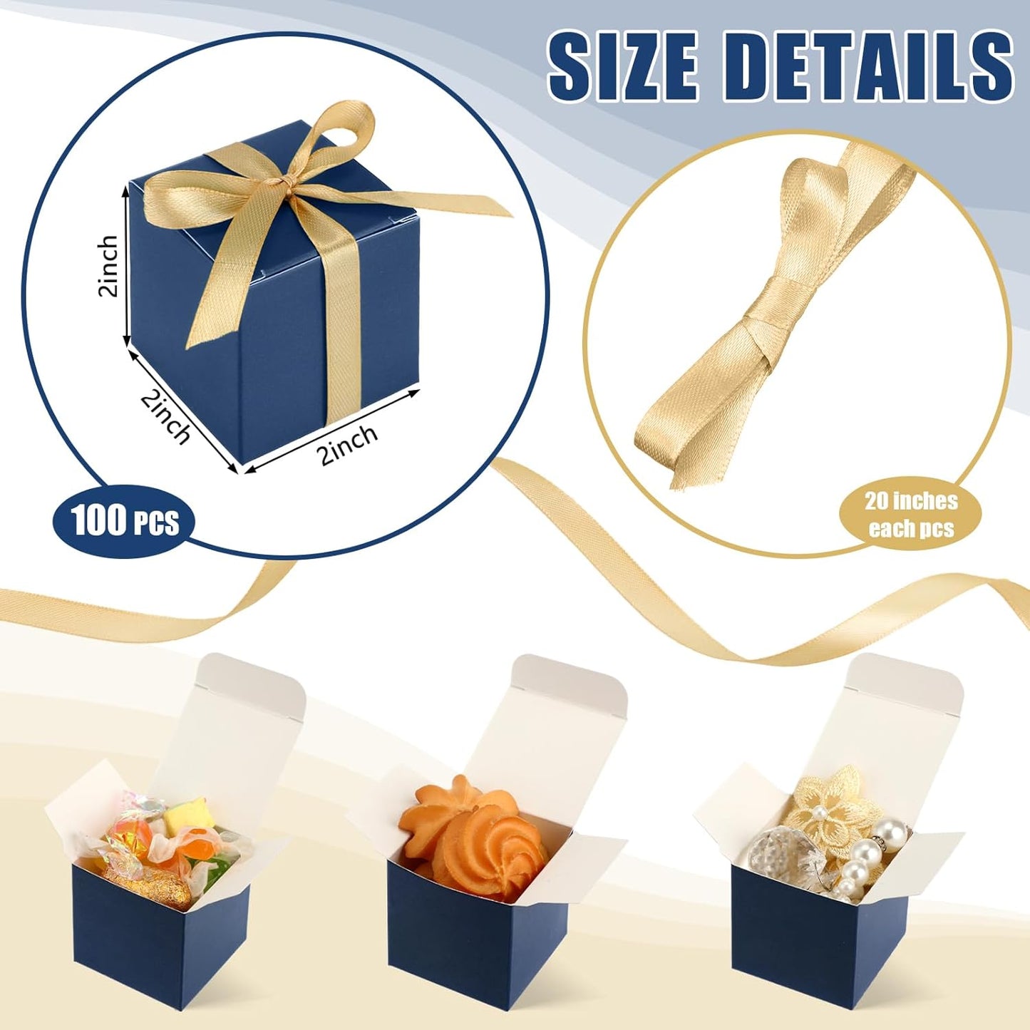 Jutom 100 Pcs Mini Favor Boxes Extra Small Candy Boxes Paper with Gold Ribbon for Christmas Thanksgiving Day Birthday Wedding Anniversary Supplies(2 x 2 x 2 Inch,Navy Blue)
