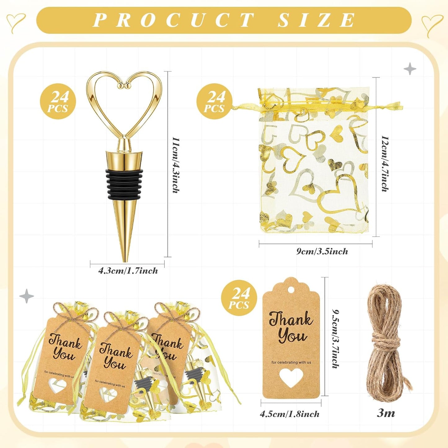 Buryeah 24 Set Wedding Heart Shaped Wine Stopper Party Favors Bulk Beverage Bottle Stopper Wine Cork Love Design Souvenirs for Guest with Sheer Bag Labels Rope Gift for Engagement Bridal Shower, Gold