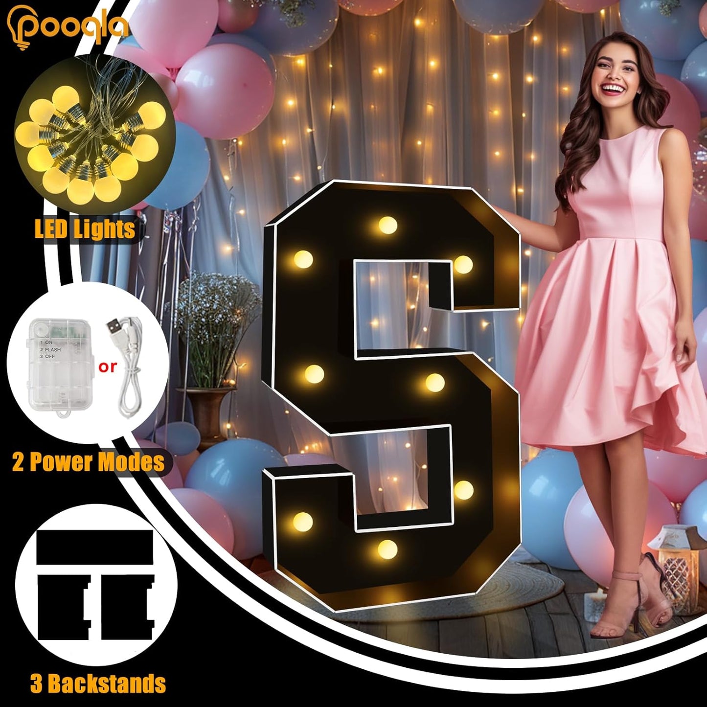 Pooqla 3FT Marquee Light Up Letters, Black LED Party Decor Large Marquee Letters 3 Feet Tall, Giant Mosaic Letter for Birthday Graduation Anniversary Wedding Decoration, Letter J