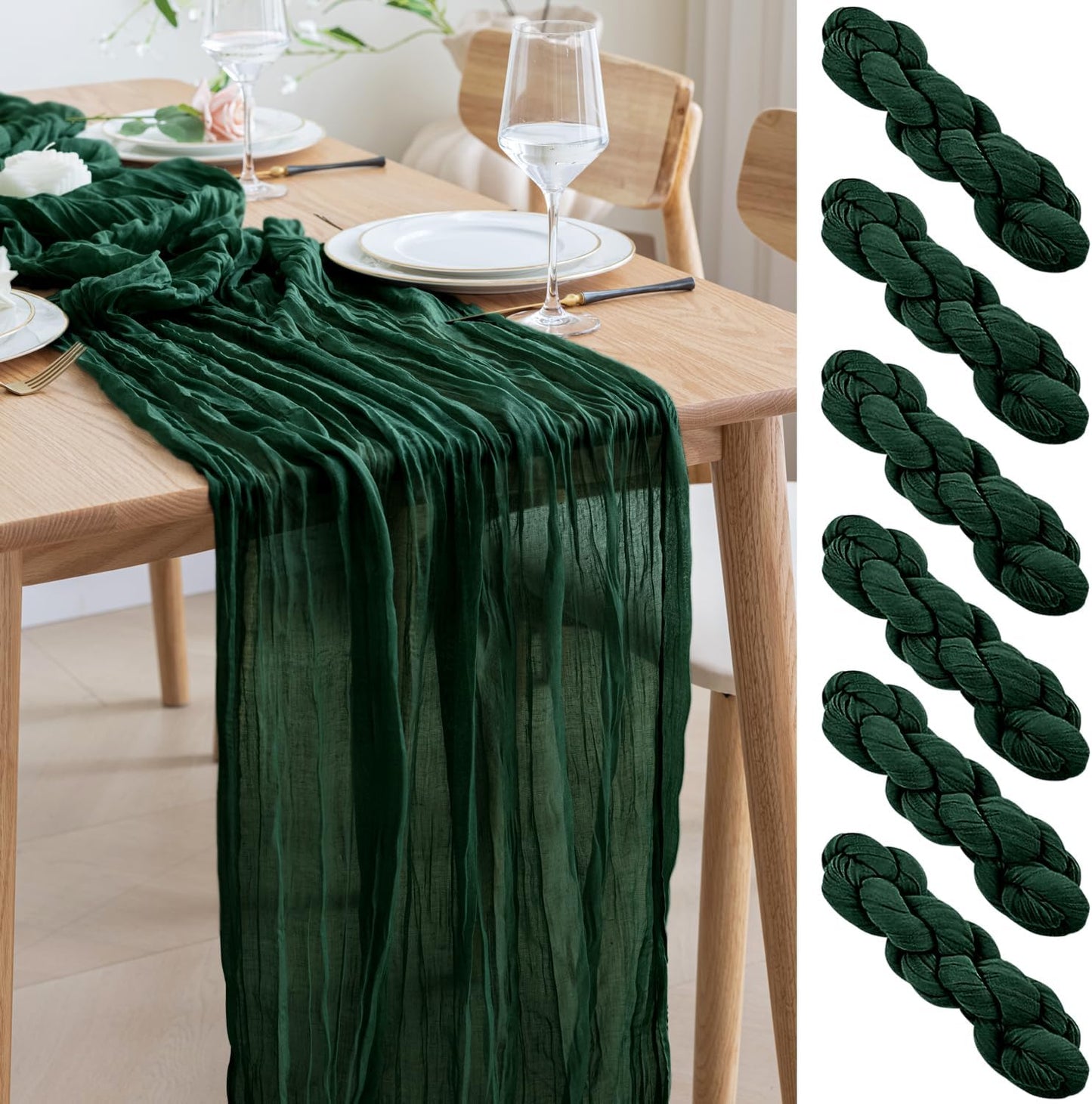 Asee'm 6PCS Table Runner Cheesecloth 10FT Emerald Green Boho Gauze Fabric Rustic Sheer Cheese Cloth Runners for Wedding Bridal Shower Party