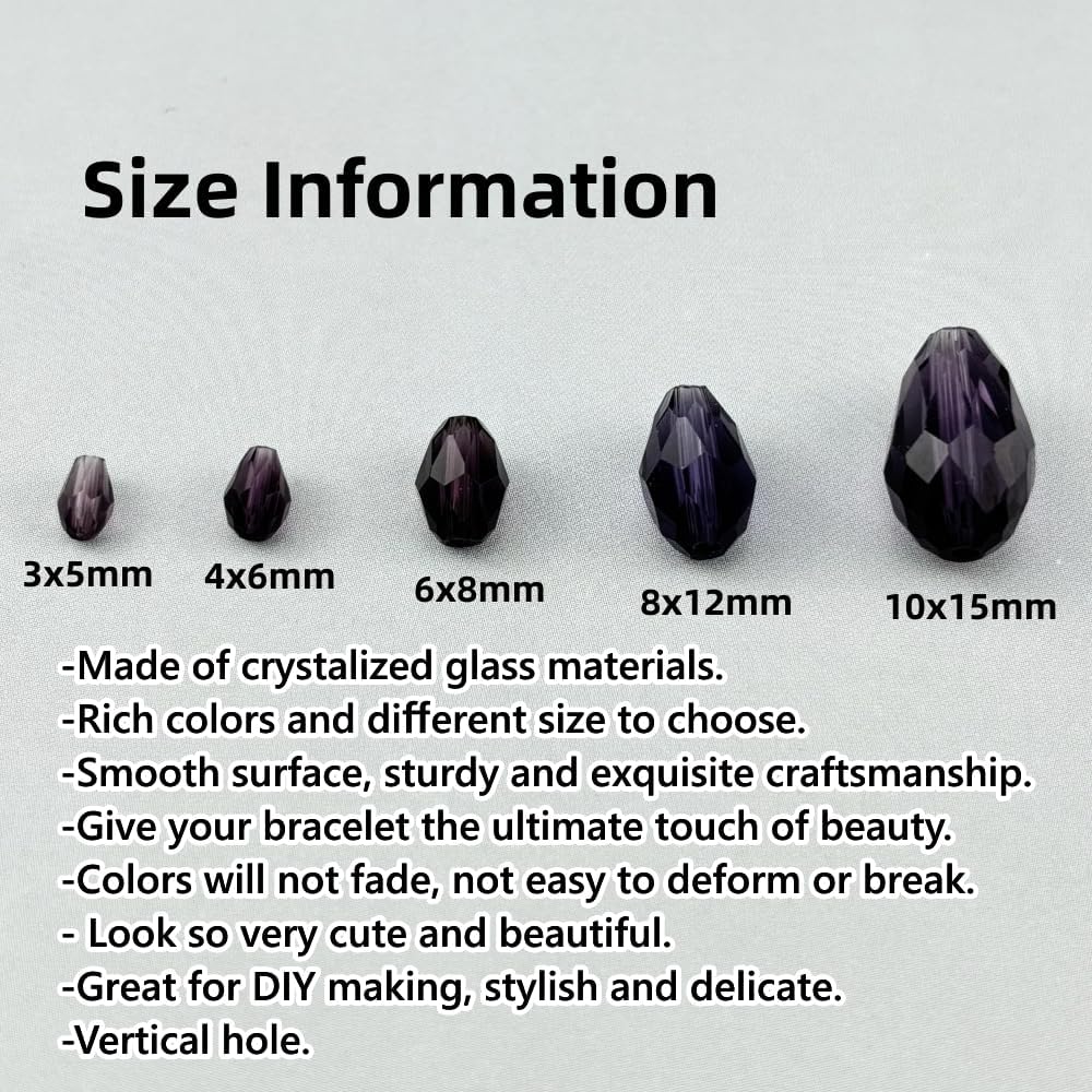 200pcs 3x5mm Teardrop Crystal Glass Beads for Jewelry Making, Faceted Vertical Hole Teardrop Glass Spacer Beads for Wind Chimes Bracelet Earring Necklace DIY Craft(Violet)