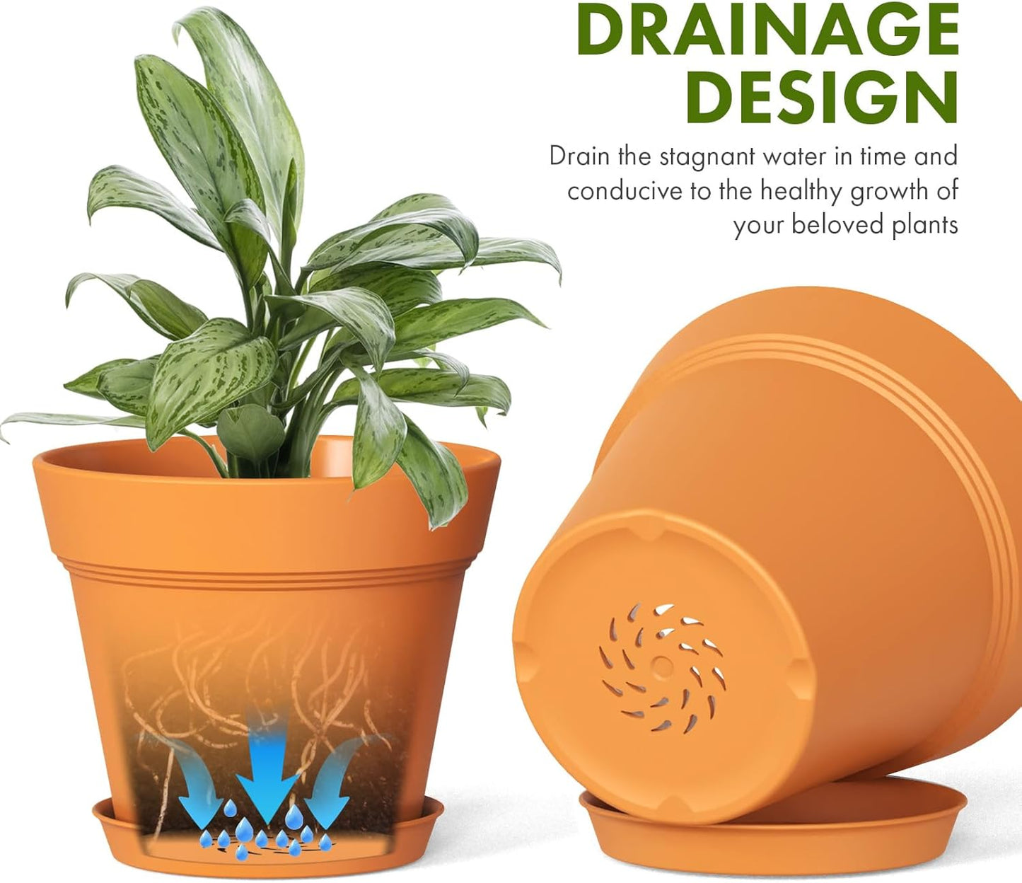 7 Inch Thick Plastic Plant Pots with Drainage Holes and Trays – 6 Pack Nursery Pots for Indoor & Outdoor House Plants, Seedling Starter Planters for Garden Flowers, Terracotta