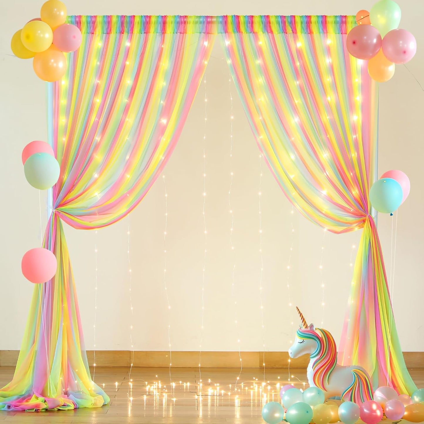 Rainbow Tulle Backdrop Curtain with Lights String 10x8ft Rainbow Sheer Backdrop Curtains for Girls Birthday Party Baby Shower Photo Shoot Background Decorations