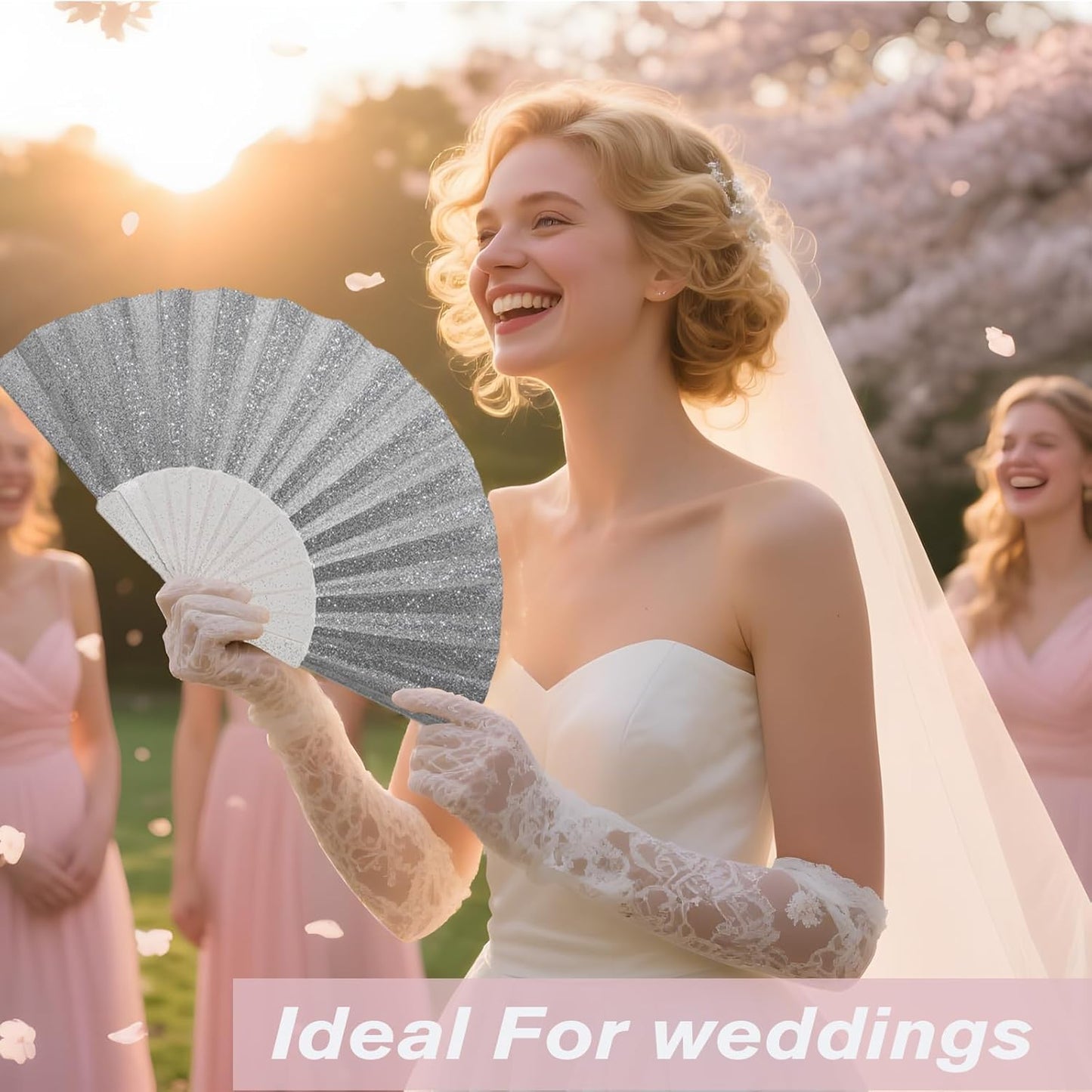 24 Pack Handheld Fan,Folding Hand Glitter fan with Shining Transparent Fan Rib – Ideal for Wedding, Church, Festival, Dance, Tea Party, Club, and EDM Accessories, Silvery