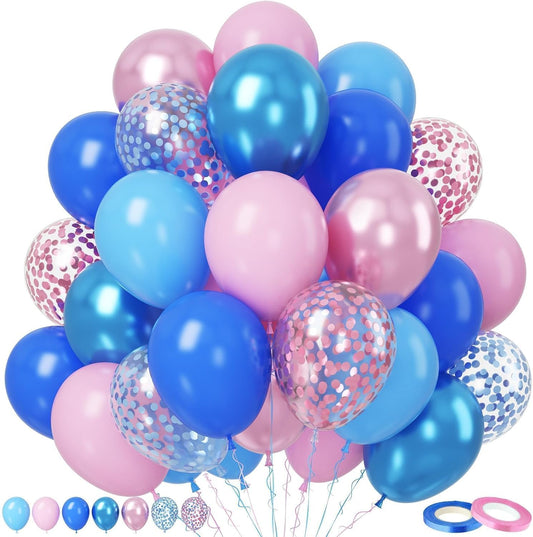 Paready Pink and Blue Balloon Set - 50Pcs 12 Inch Pastel Confetti, Royal and Metallic Balloons for Kids Girls Birthday, Baby Shower, Gender Reveal Supplies