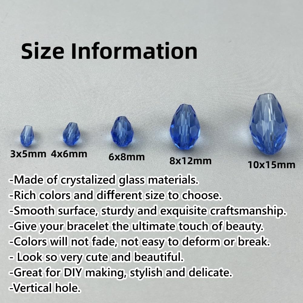 100pcs 8x12mm Teardrop Crystal Glass Beads for Jewelry Making, Faceted Vertical Hole Teardrop Glass Spacer Beads for Wind Chimes Bracelet Earring Necklace DIY Craft(Light Blue)