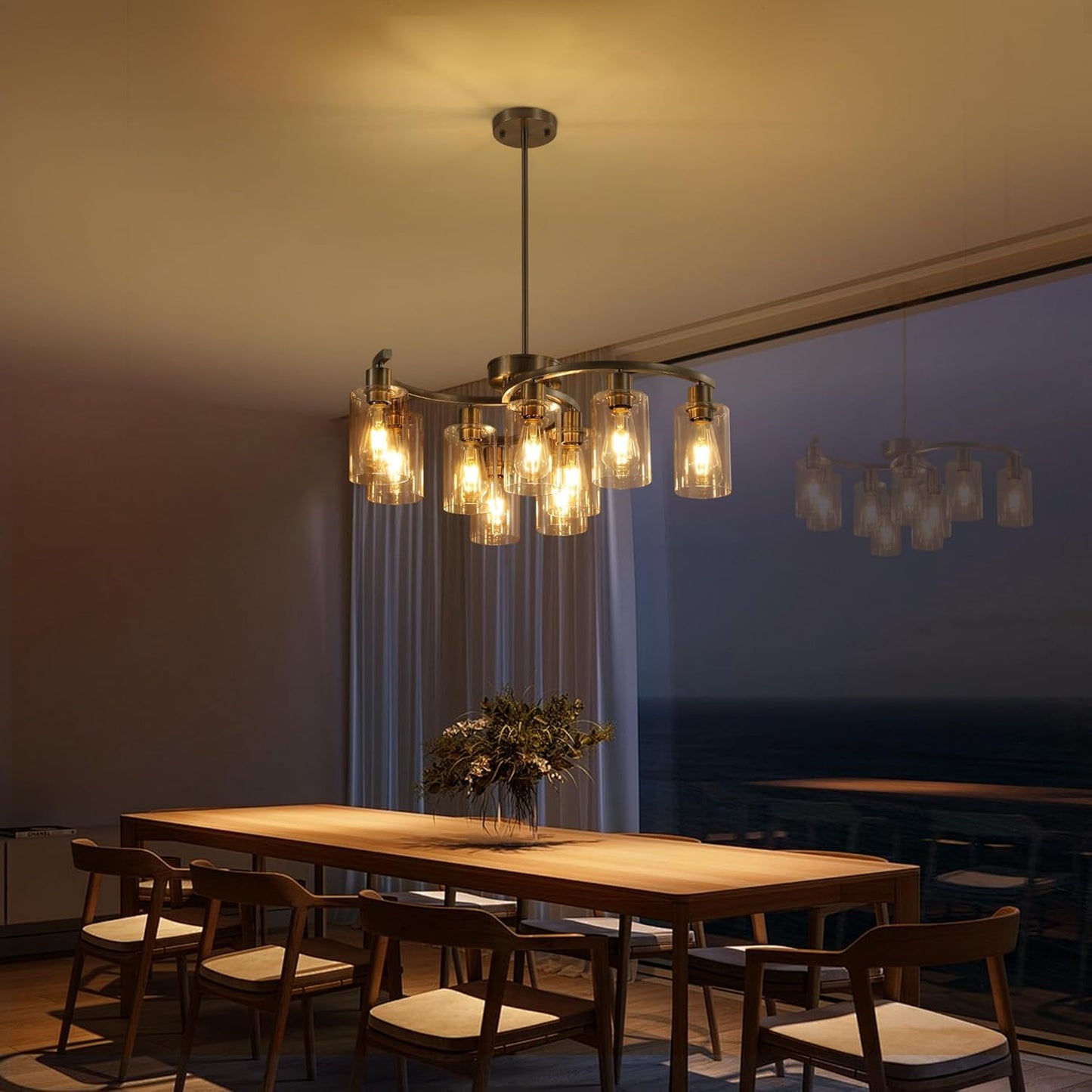 9-Light Brushed Nickel Glass Chandelier, Adjustable Height Hanging Industrial Dining Room Chandelier Over Table, Modern Farmhouse Chandelier for Kitchen Island Living Room Entryway Bedroom