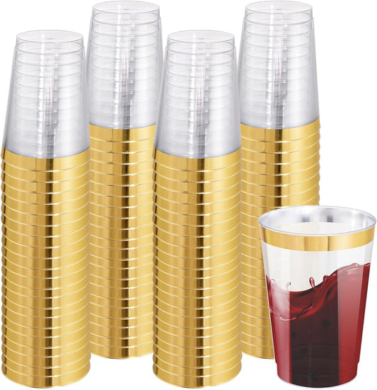 I00000 100 Pack 12 oz Gold Plastic Cups, Gold Rimmed Disposable Cups, Disposable Wine Glasses Cocktail Glasses Premium Cup with Golden Rim, 12 Ounce Plastic Tumblers for Party & Wedding