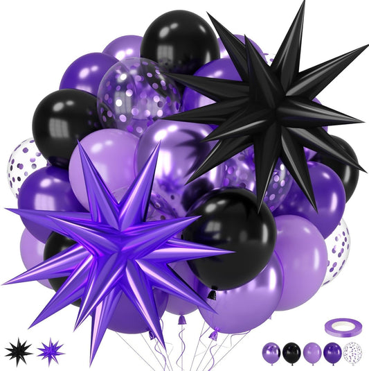 Purple and Black Balloons, 12 Inch Metallic Purple Dark Light Purple Black Confetti Balloon with Star Foil Balloons for Halloween Birthday Wedding Graduations Party Decorations