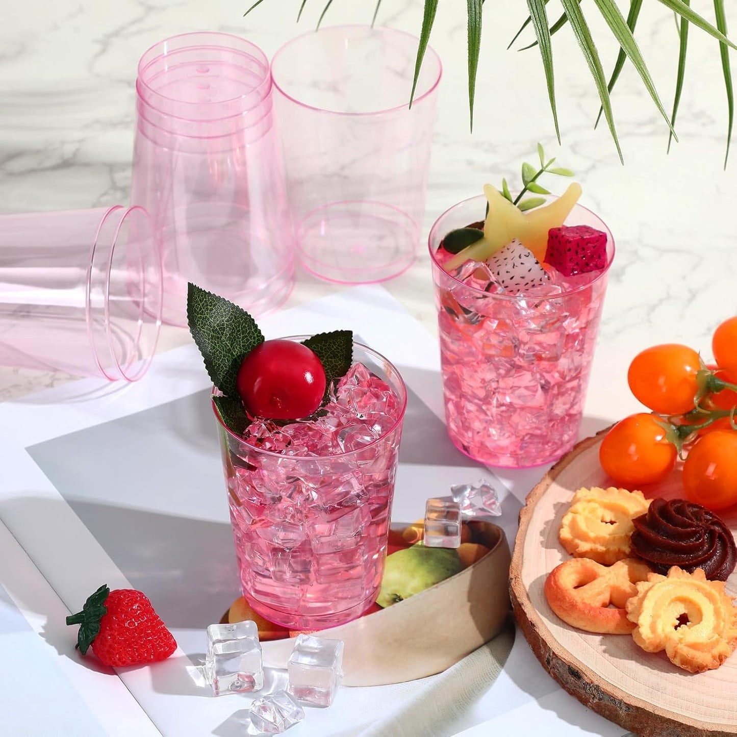 Minatee 100 Count Plastic Cups Disposable Fancy Cups Heavy Duty Wine Cocktail Glasses for Halloween Wedding Christmas Birthday Party Supplies Plastic Drinking Tumblers(Pink,10 oz)