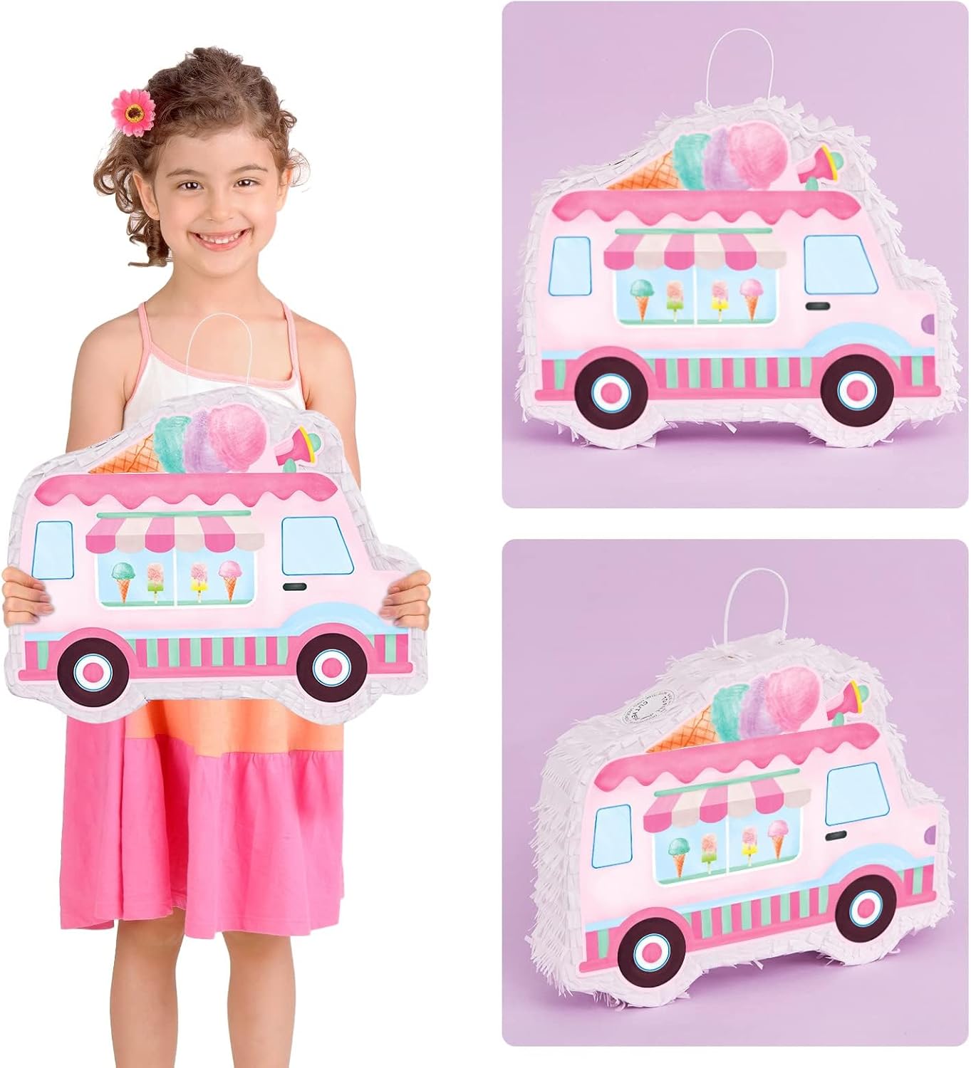 WERNNSAI Ice Cream Piñata -15.7'' x 12.2'' Ice Cream Truck Piñata with Stick and Blindfold Birthday Game for Kids Girls Summer Candy Theme Party Baby Shower School Activities Dessert Party Decorations