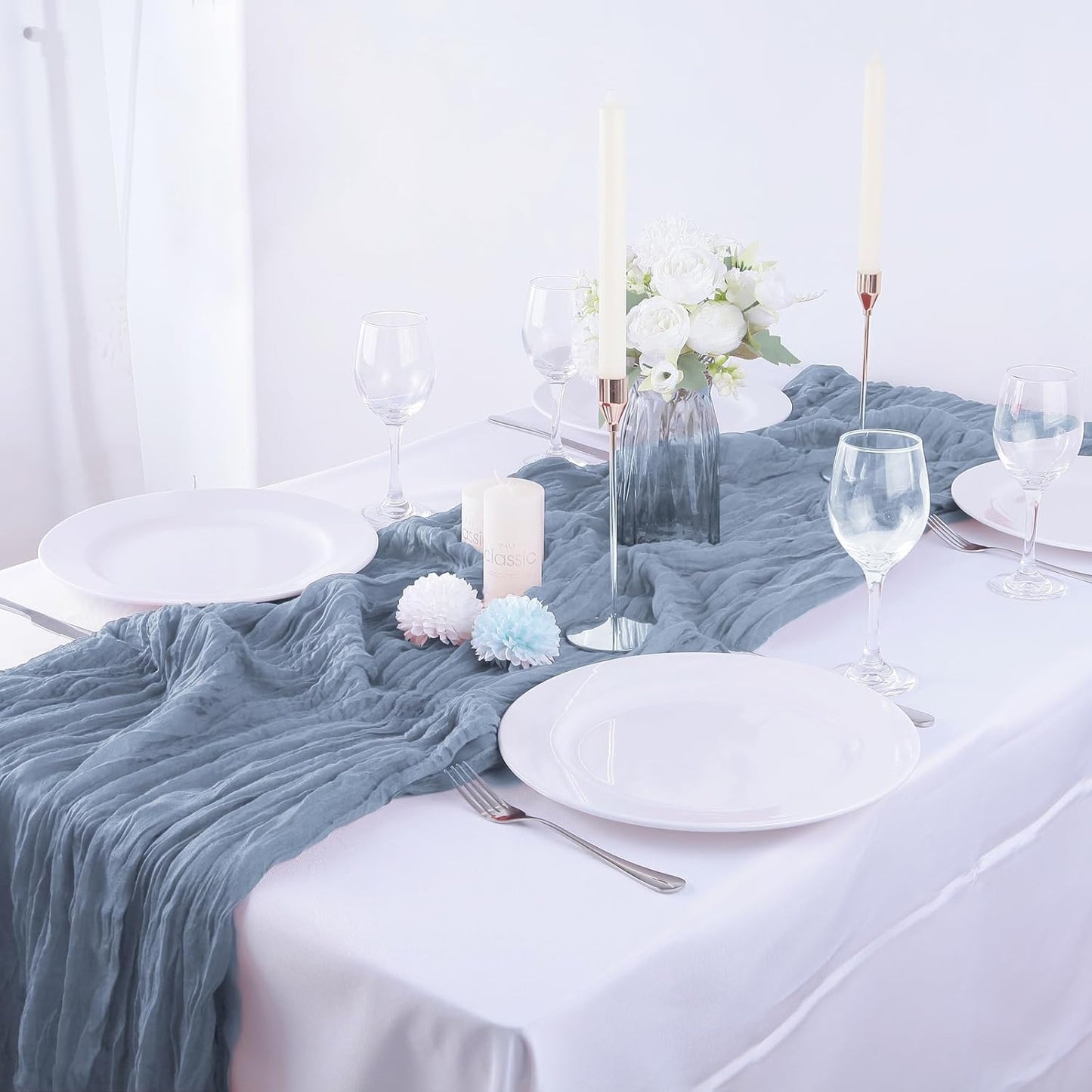 4 Pack Dusty Blue Cheesecloth Table Runner 35x120 Inch Boho Gauze Fabric Cheese Cloth Table Runner 10Ft Rustic Romantic Sheer Table Runners for Wedding Party Bridal Baby Shower Long Table Decoration