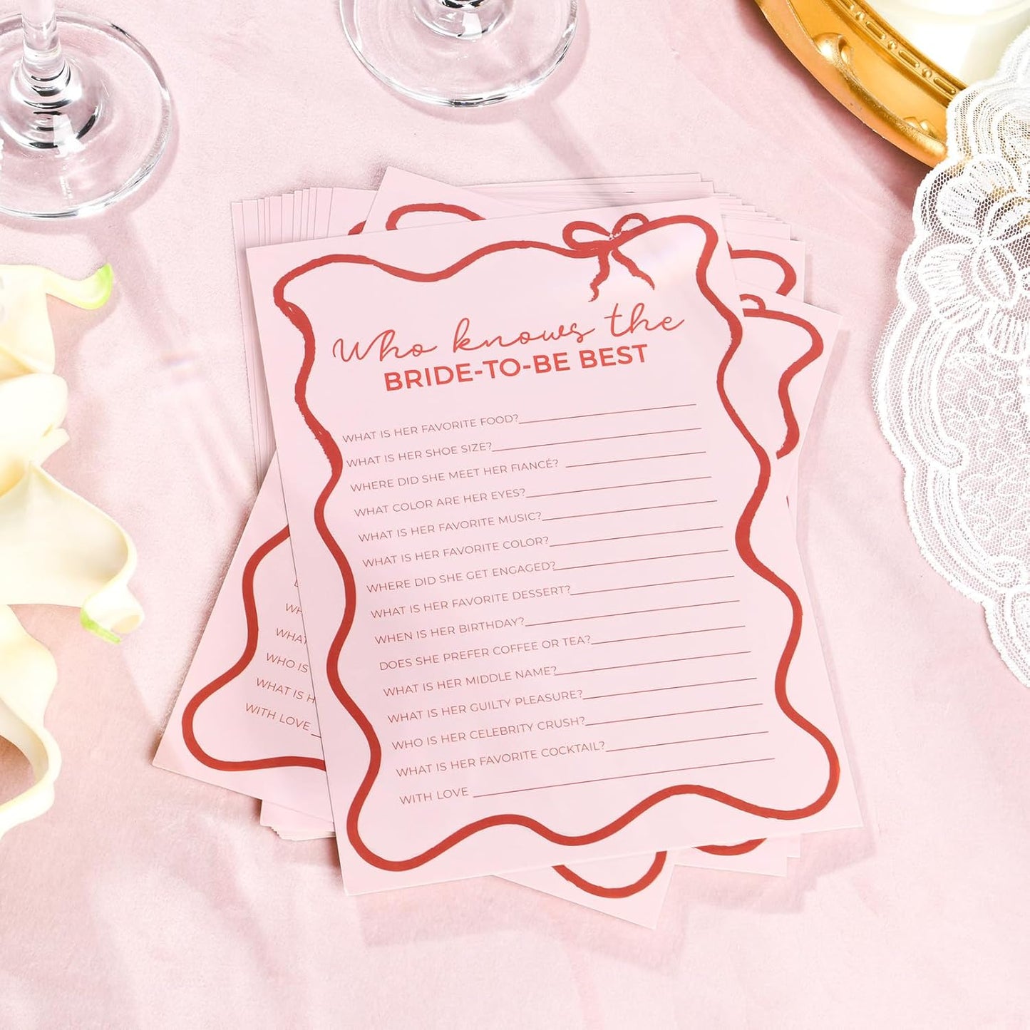 DEEKA 30 PCS Bridal Shower Games Card for 30 Guests Pink Wavy Border Ribbon Bow Funny Wedding Bachelorette Party Games for Reception (Who Knows The Bride-to-be Best)