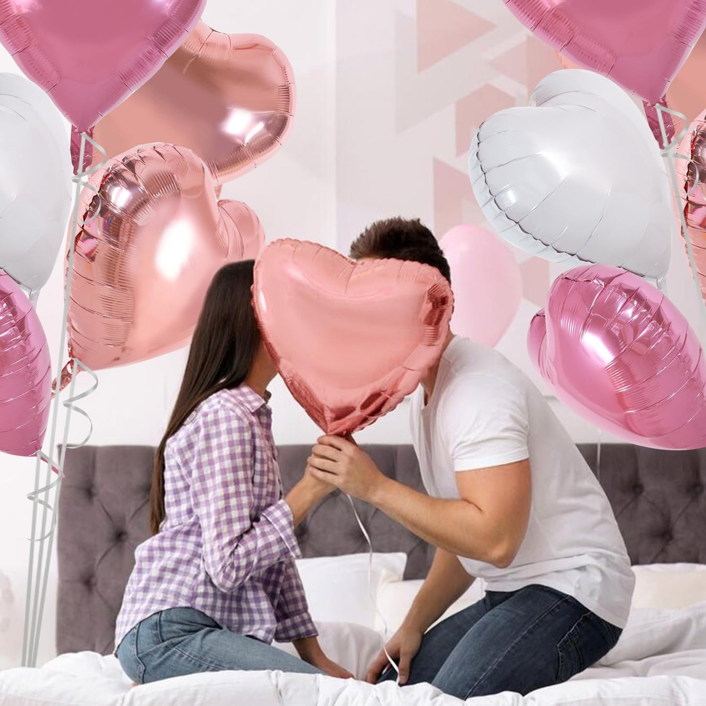 TONIFUL 30Pcs 18 Inch Rose Gold Pink Heart Balloons Pink White Heart Shape Foil Mylar Balloons Decoration for Birthday Valentine's Day Wedding Bridal Shower Anniversary Engagement Party Supplies