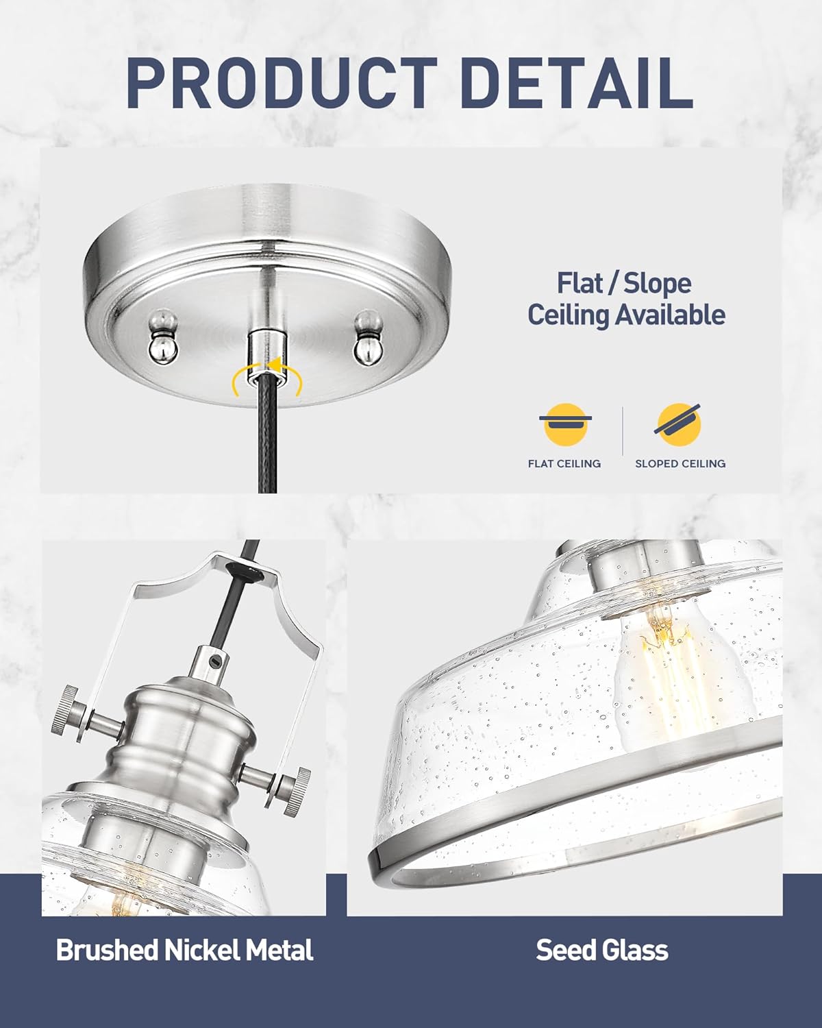 kudos Brushed Nickel Pendant Lights Kitchen Island, Large Pendant Light with Seeded Glass, Industrial Hanging Lighting for Kitchen Sink Dining Room Bathroom,KDPL13-BN-S