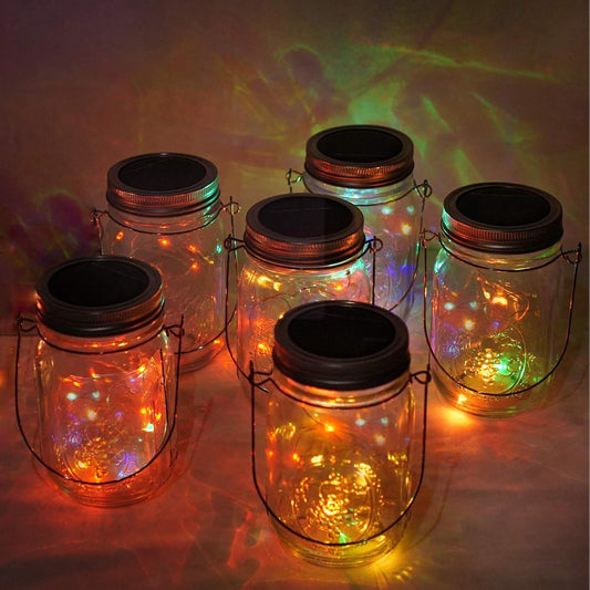 Solar Mason Jar Lights, 6 Pack 10 LED Jar Lid String Lights with 6 Hangers(No Jars), Waterproof Fairy Firefly Light for Garden, Patio, Outdoor, Yard, Lawn Decor(5 Colors)