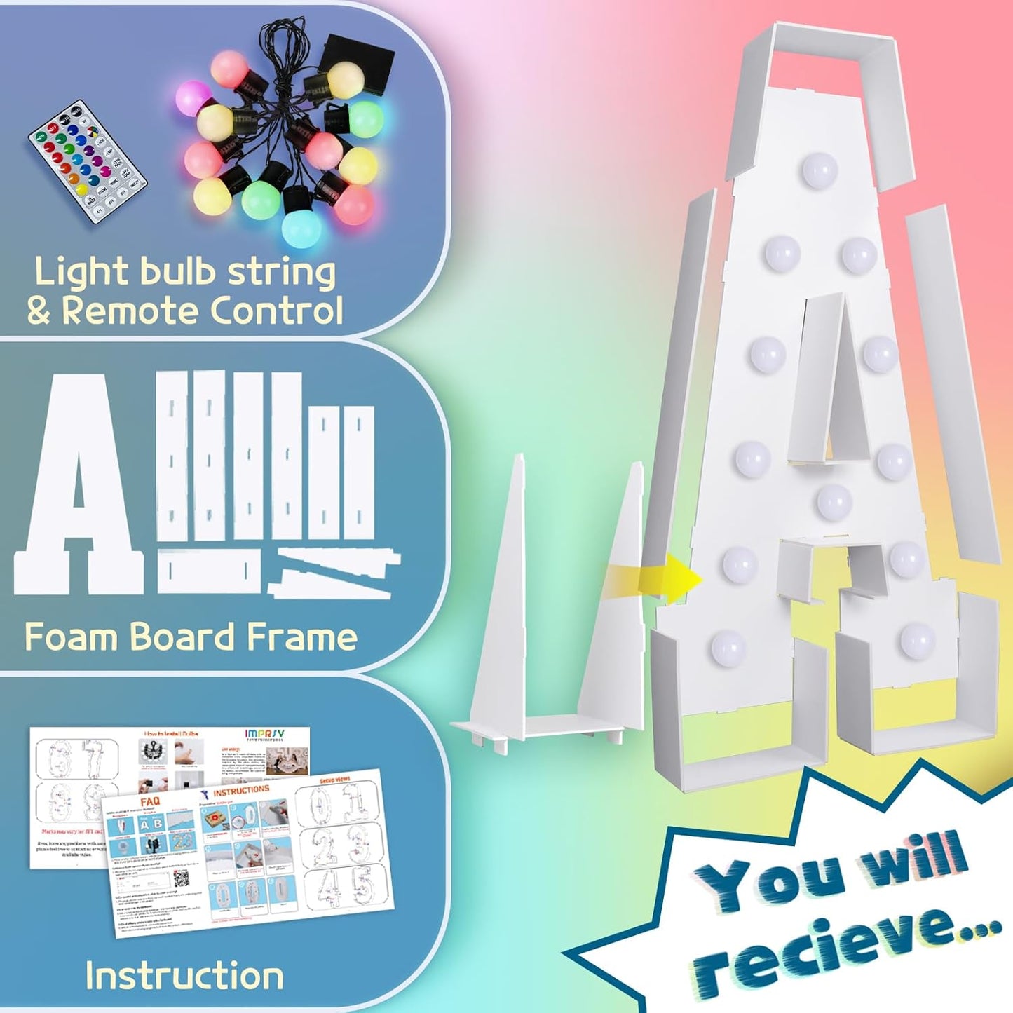 imprsv 4FT Colorful Marquee Light Up Letters A, 18 Colors Light Up Letters Alphabet Sign with Remote, Marry Me Light Up Sign, Large Letters for Birthday Engagement Anniversary Wedding Party Decor