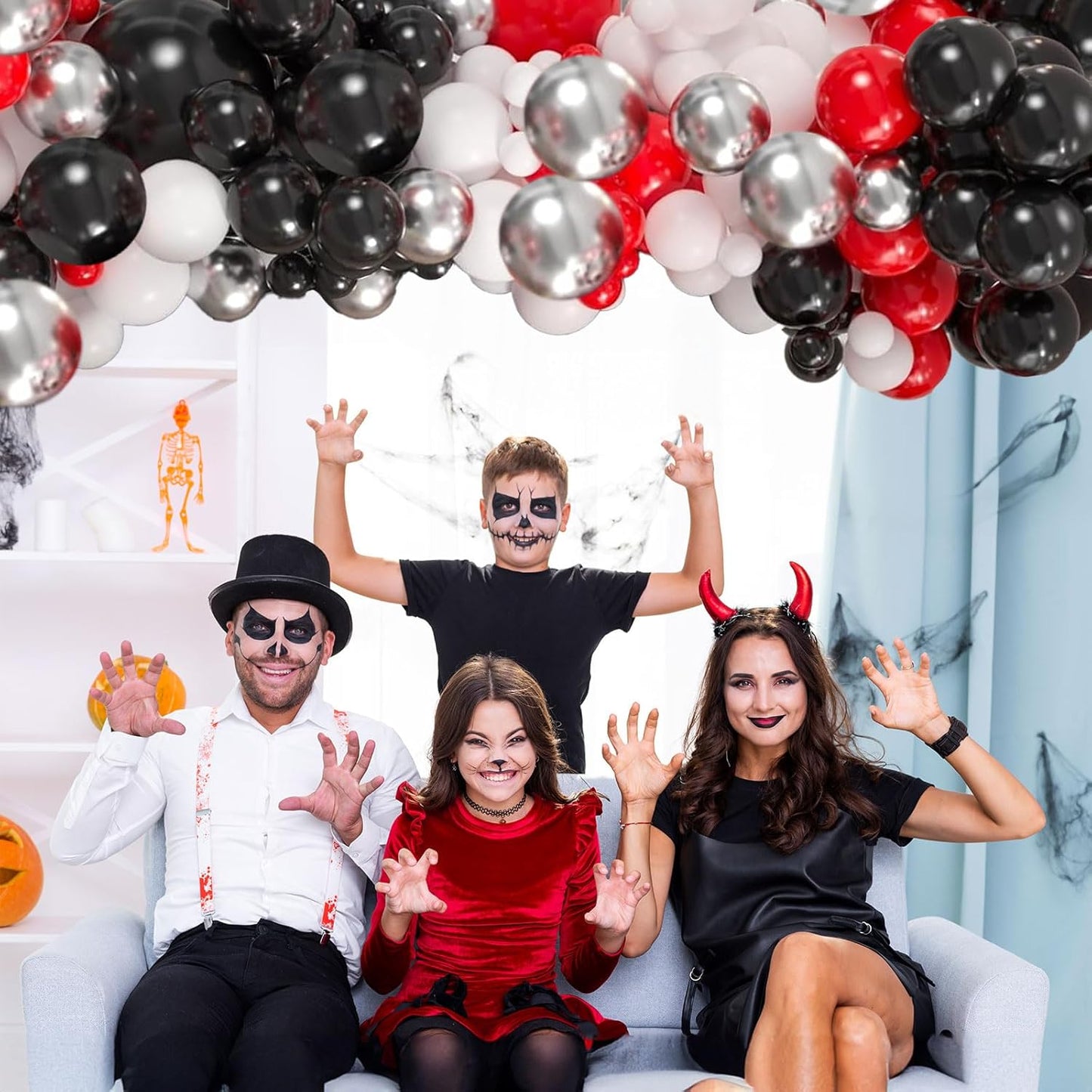 Red Black Balloons, 60 Pcs 12 Inch Double Stuffed Red Matte Black White Balloon with Metallic Silver Balloon for Halloween Vampire Prom New Year Race Car Theme Birthday Poker Card Party Decorations