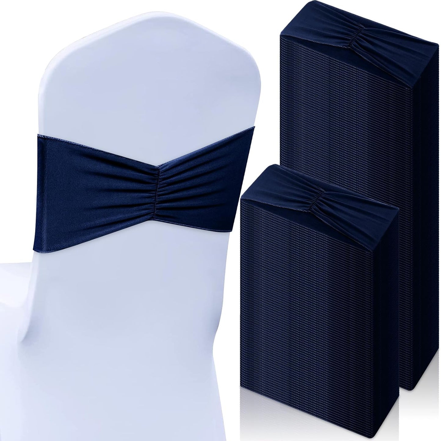 Moukeren 100 Pcs Spandex Chair Sashes Bows Bands Slider Sashes for Chair Covers Elastic Bands Ties Ribbon Decorations for Wedding Party Events Ceremony Birthday Banquet(Navy Blue)