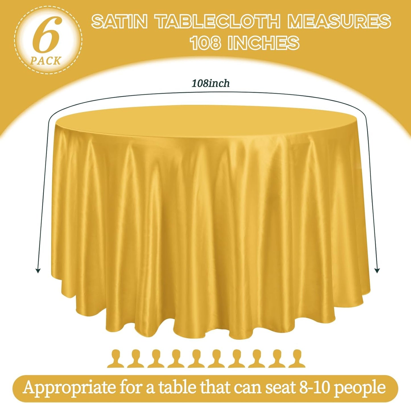 6 Pack 108 Inch Gold Satin Tablecloth - Premium Bright Silky Round Tablecloth Overlay Smooth Fabric Table Cover, Table Decoration for Wedding Party Banquet Events Restaurant Kitchen Dining