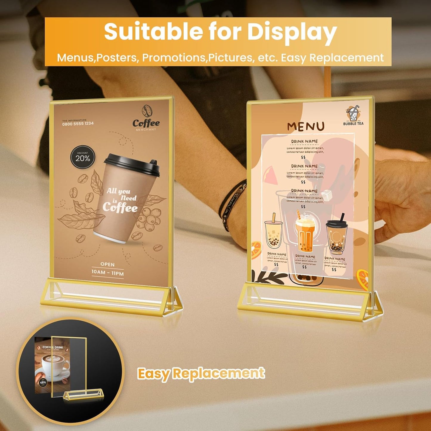 4x6 Gold Acrylic Sign Holder, 12 Pack Wedding Table Number Holder Stands with Vertical Gold Borders, Double Sided Picture Frame Paper Stand, Clear Photo Display Menu Holder for Party, Home, Restaurant