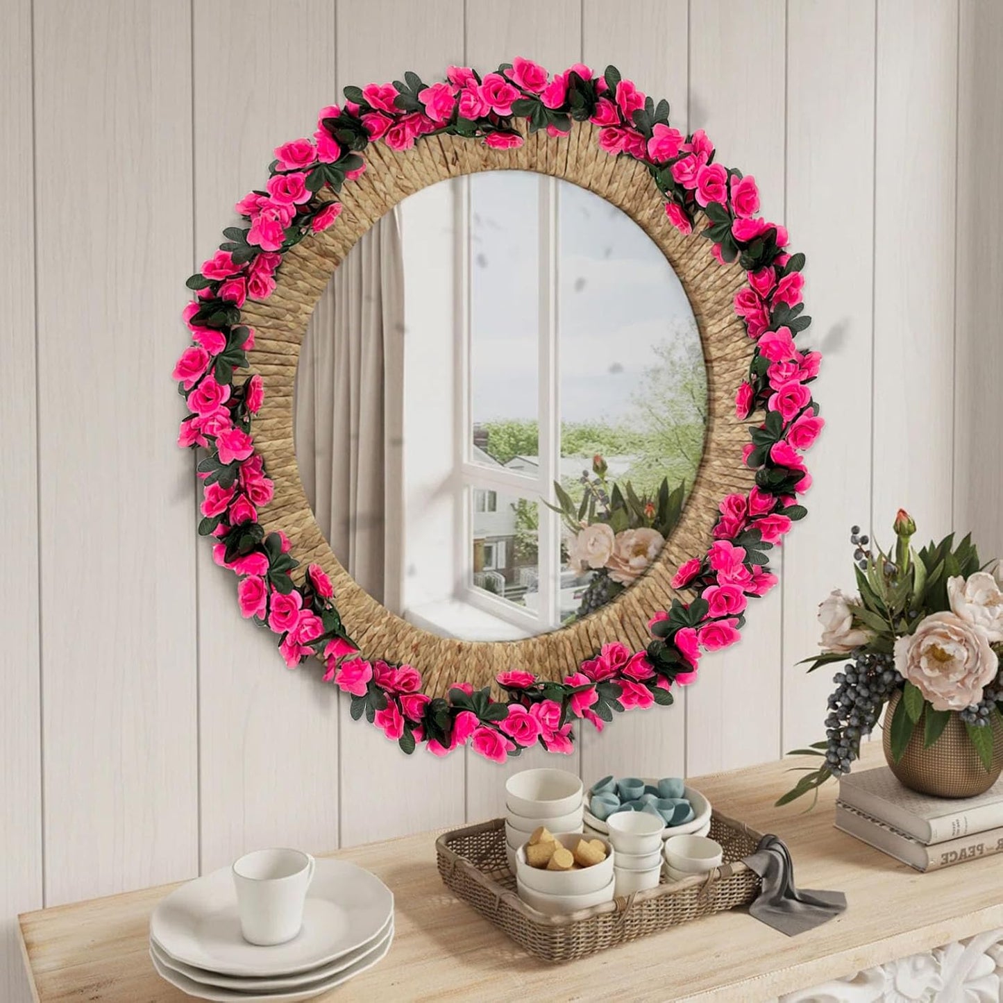 8Pcs 63Ft Fuchsia Rose Garland, Fake Rose Hanging Flowers, Artificial Flower Vine, Hanging Floral Vine Garland for Wedding, Birthday Party, Wall Arch, Halloween, Christmas Garden Backdrop Decor