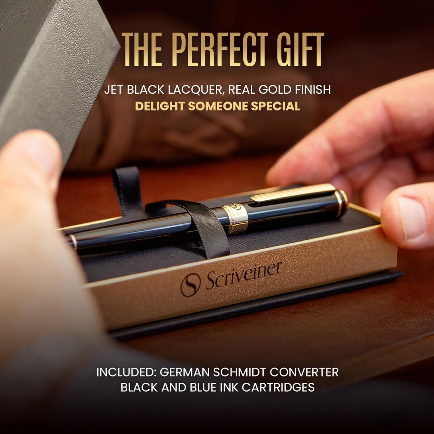 Scriveiner Black Lacquer Fountain Pen - Stunning Luxury Pen, Real Gold Finish, Schmidt Gilded Nib (Extra Fine), Best Pen Gift Set for Men & Women, Professional, Executive, Office, Nice Pens