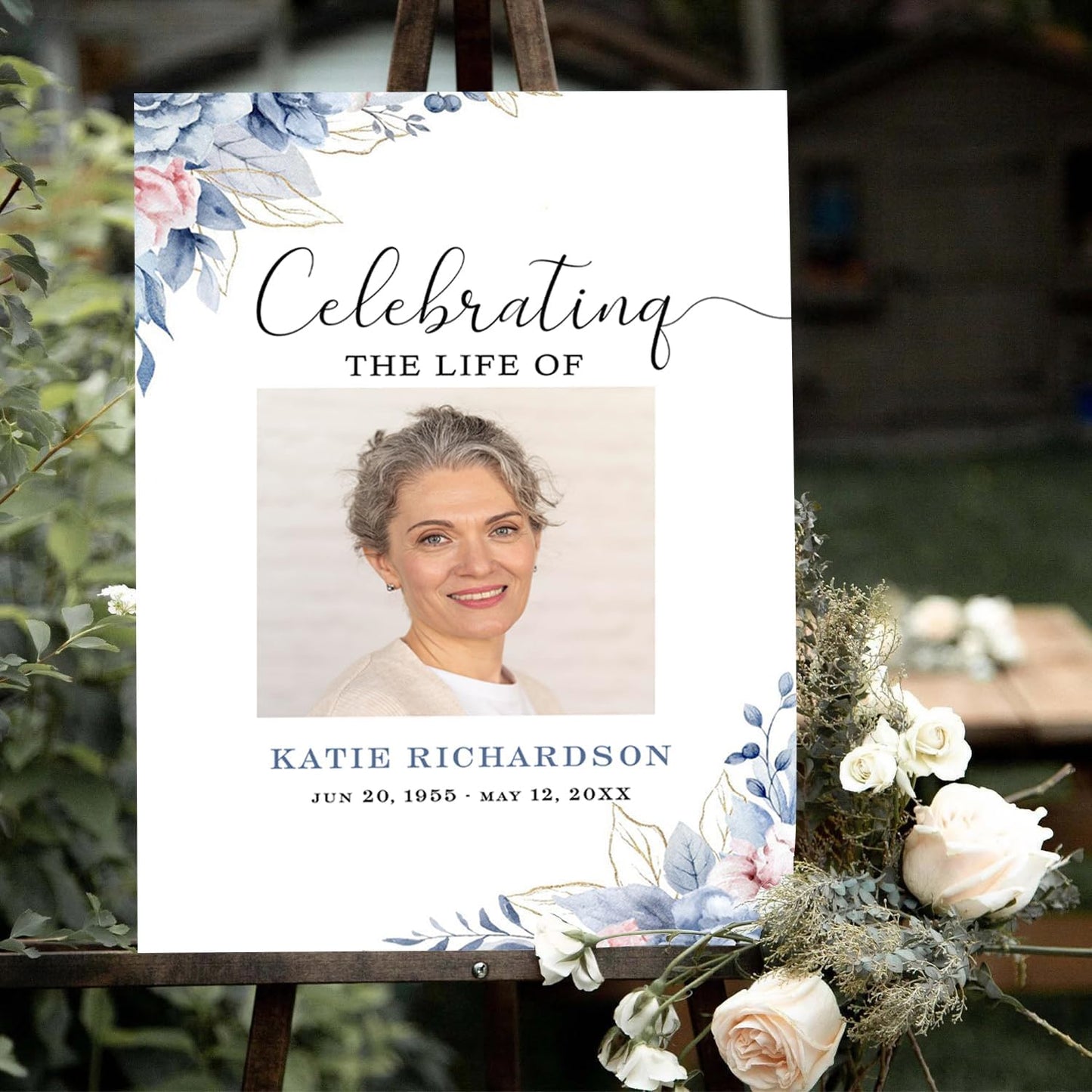 Blue Roses Memorial Sign Navy Blue Funeral Welcome Sign for Women Blue Flowers Female Memorial Sign Celebration of Life, Funeral Décor, Funeral program