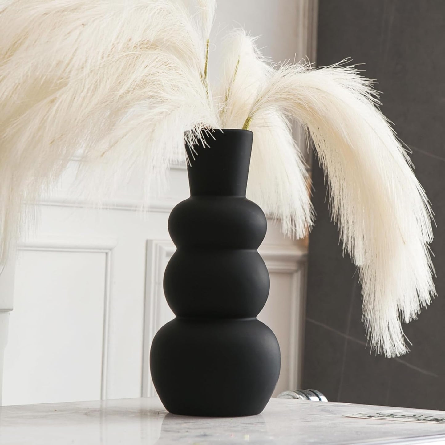 Black Vase, Modern Ceramic Vase, Black Matte Clay Vases for Pampas Grass, Minimalist Home Fresh Flowers, Dried Flowers