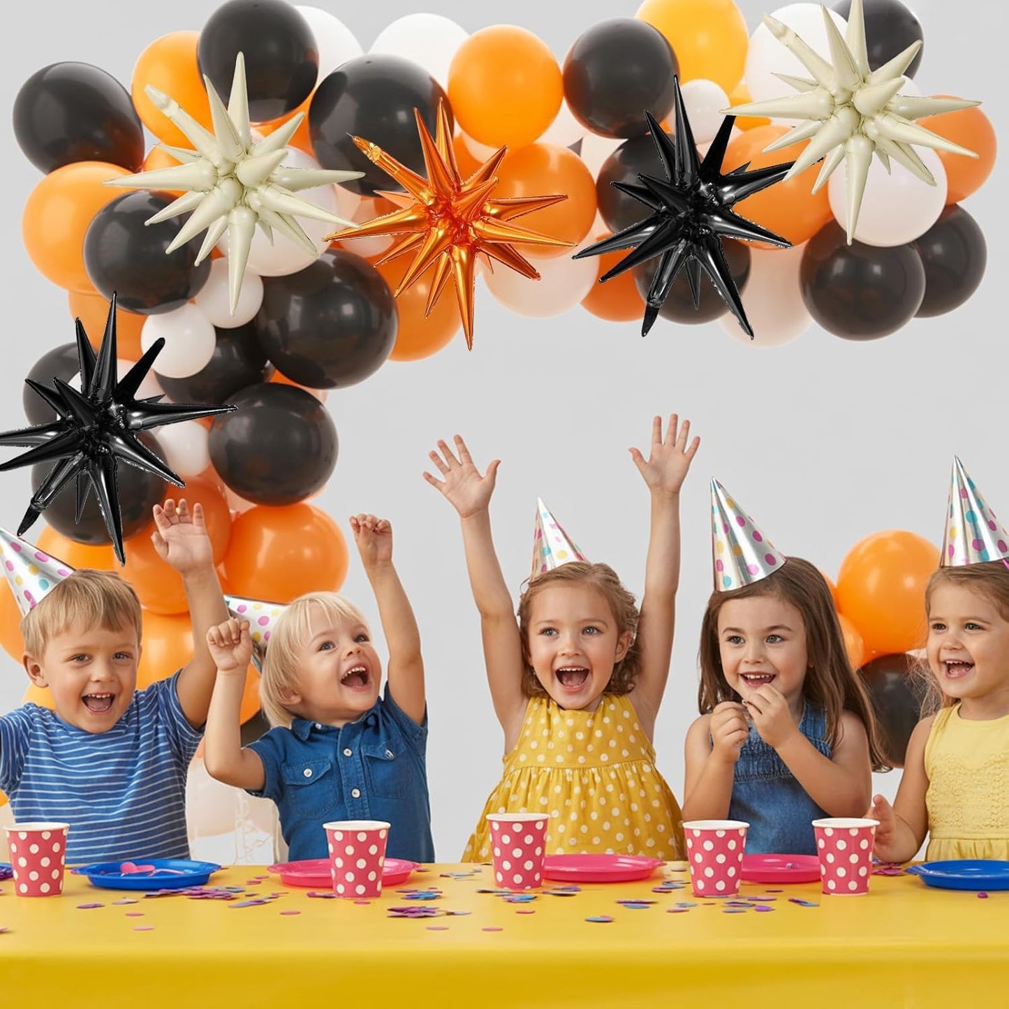 Black White Orange Star Balloons,9Pcs 22Inch Sand White Orange Explosion Spike Cone Helium Polyester Film Star Foil Balloons for Halloween Birthday Anniversary Baby Shower Party Decorations