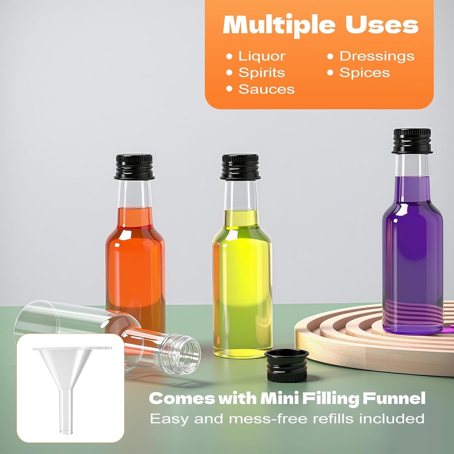 120 Pcs Mini Liquor Bottles with Black Cap, 2oz Plastic Alcohol Bottle, Mini Salad Dressing Bottles, Food-Grade Empty Spirit Bottle with Funnels for Cocktail Party Weddings