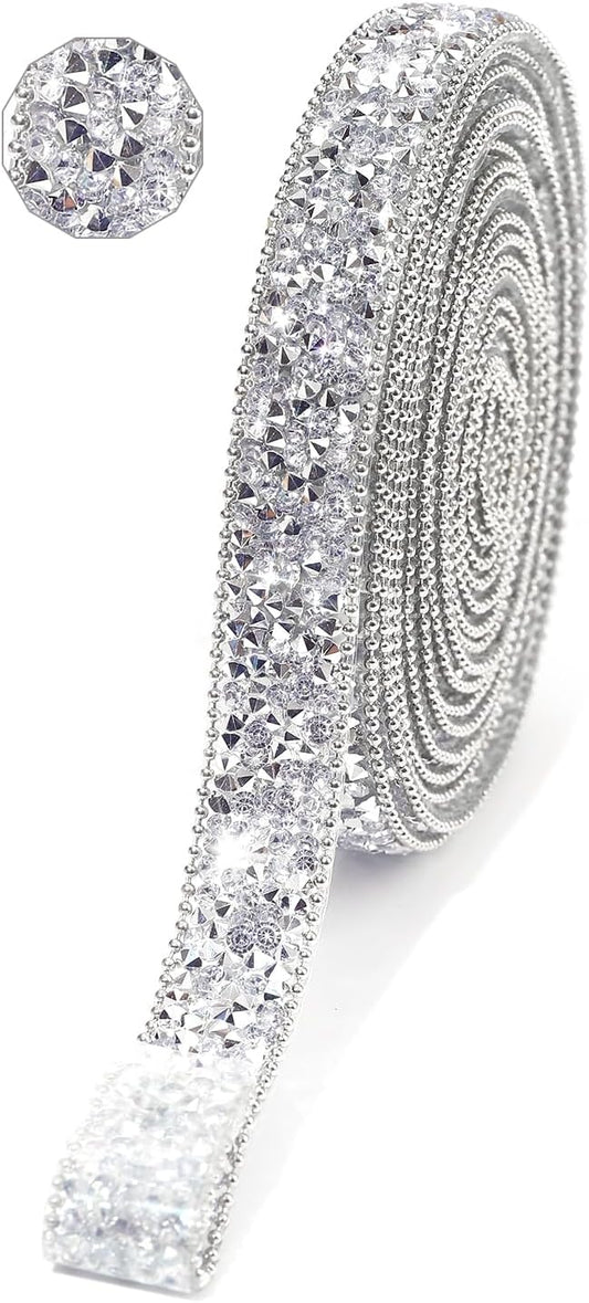 Rhinestone Ribbon 3 Yards Self Adhesive Rhinestone Strips Diamond Ribbon Sticker Crystal Roll Glitter Bling Rhinestones Tape for Crafting DIY Art Decoration (Silver,0.6 Inch)