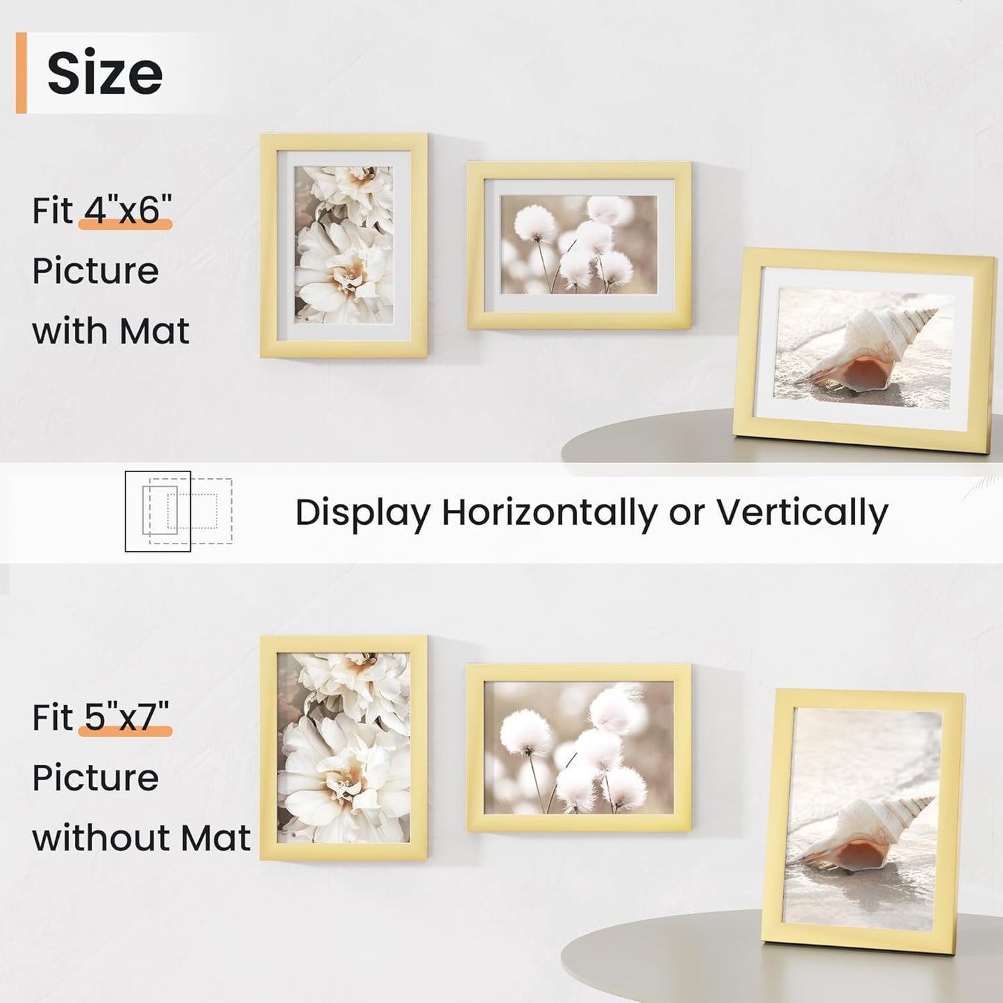 5x7 inch Picture Frame, 5x7 Photo Frames with 4x6 Removable Mat - High Definition Plexiglass - Vertical and Horizontal Display - Wall Hanging Frame - Gold, 3 Pack