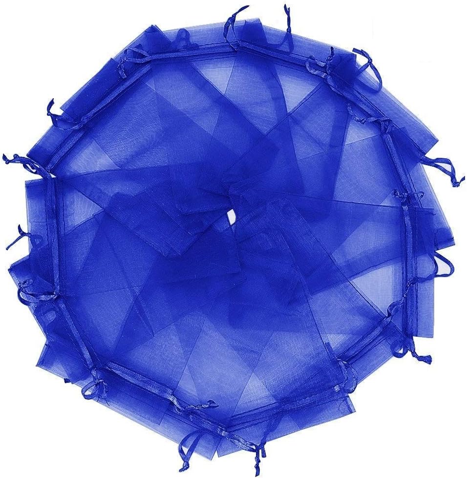Wudygirl 100pcs 5X7 Blue Organza Bags with Drawstring Jewelry Lipstick Cosmetics Pouches Baby Shower Party Wedding Favor Candy Bags(Blue 5X7)