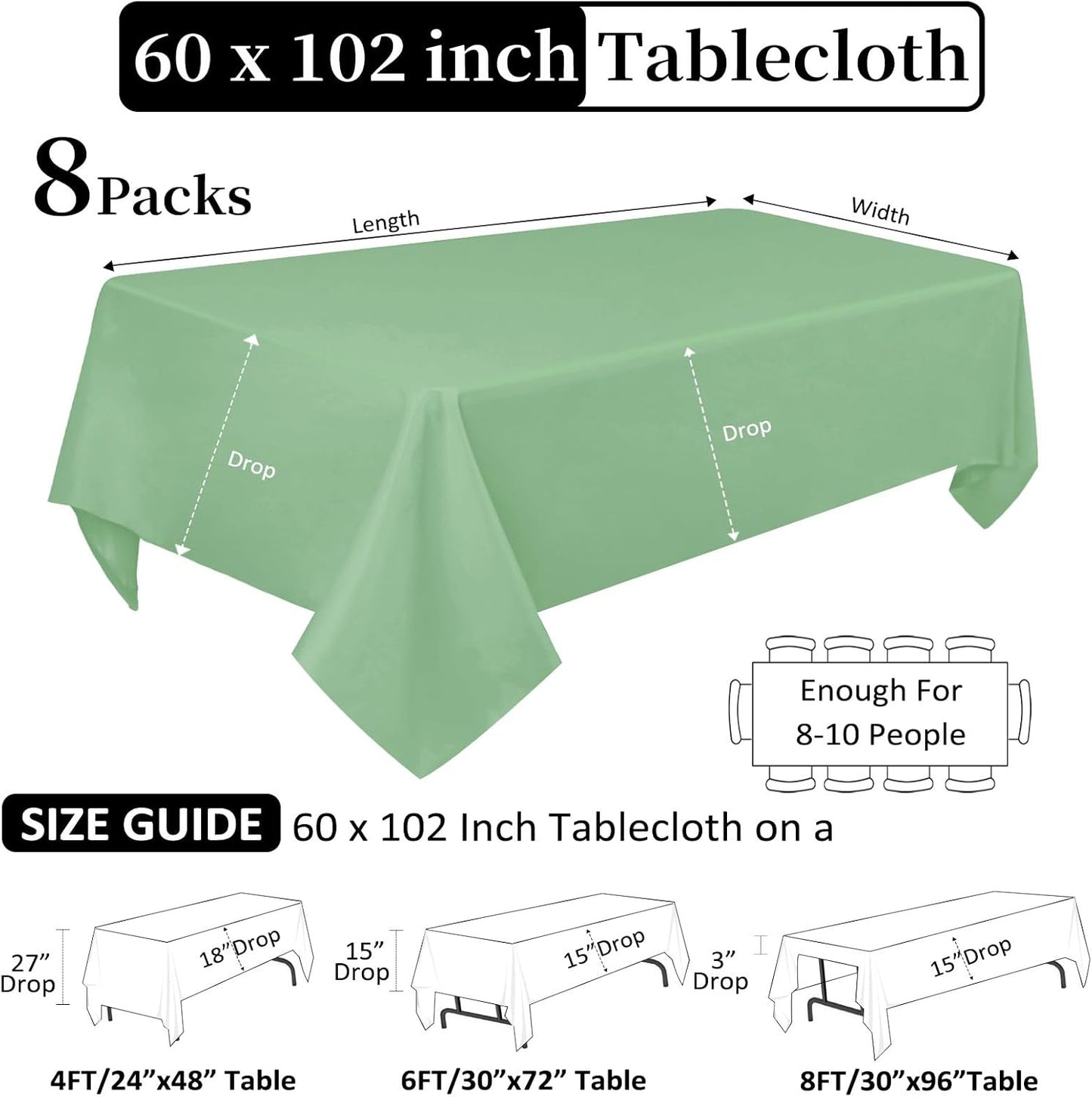 8 Pack Sage Green Tablecloth 60 x 102 Inch Rectangular Tablecloths for 6 Foot Rectangle Tables, Wrinkle Resistant Green Table Cloth Washable Polyester Fabric Table Covers for Party Wedding Banquet