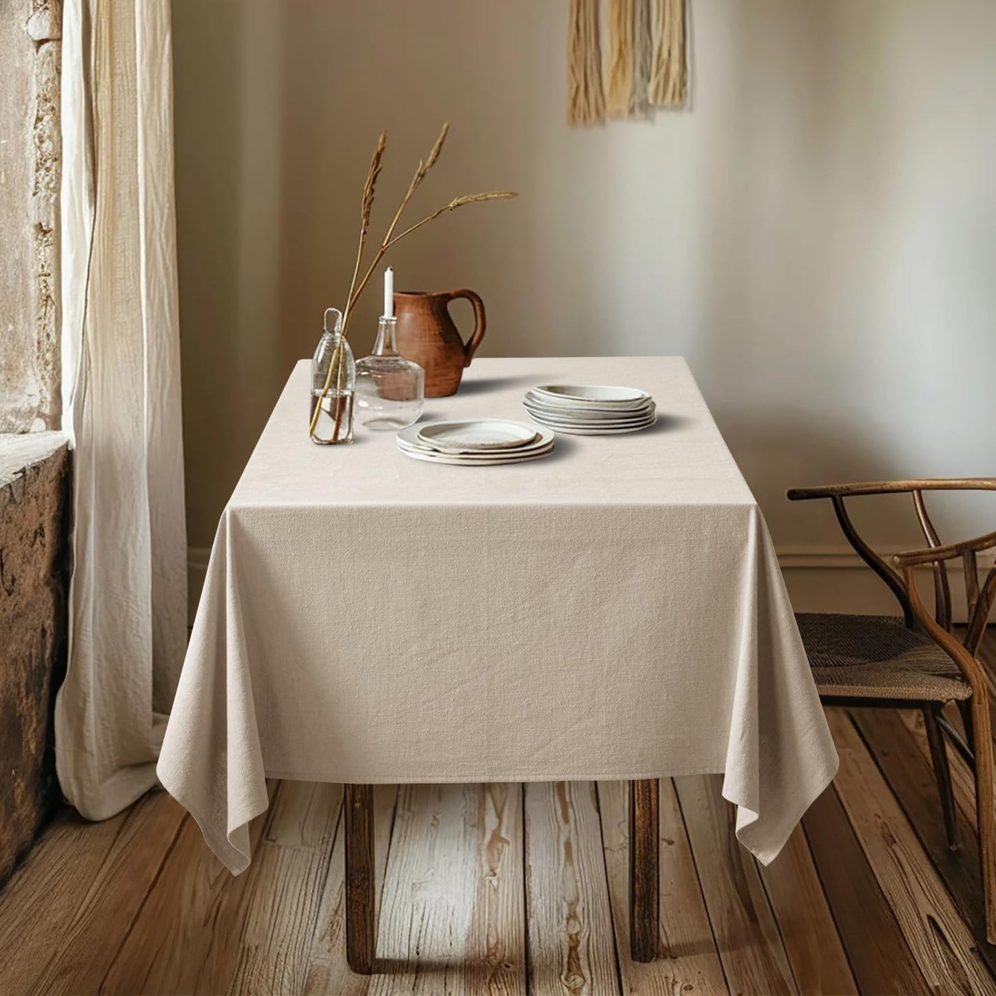 MIULEE Natural Linen Cotton Blend Tablecloth Rectangle, Luxury Waterproof Stain Resistant Durable Farmhouse Oblong Table Cloth for Dining Party Christmas Weddings Birthday, 52 x 70 inch, Ivory Cream