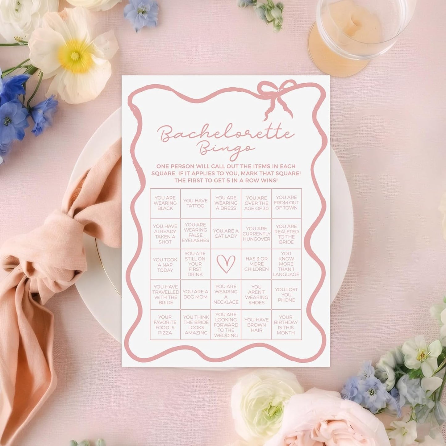 DEEKA 30 PCS Bridal Shower Games Card for 30 Guests White Pink Wavy Border Ribbon Bow Funny Wedding Bachelorette Party Games for Reception (Bachelorette Bingo)