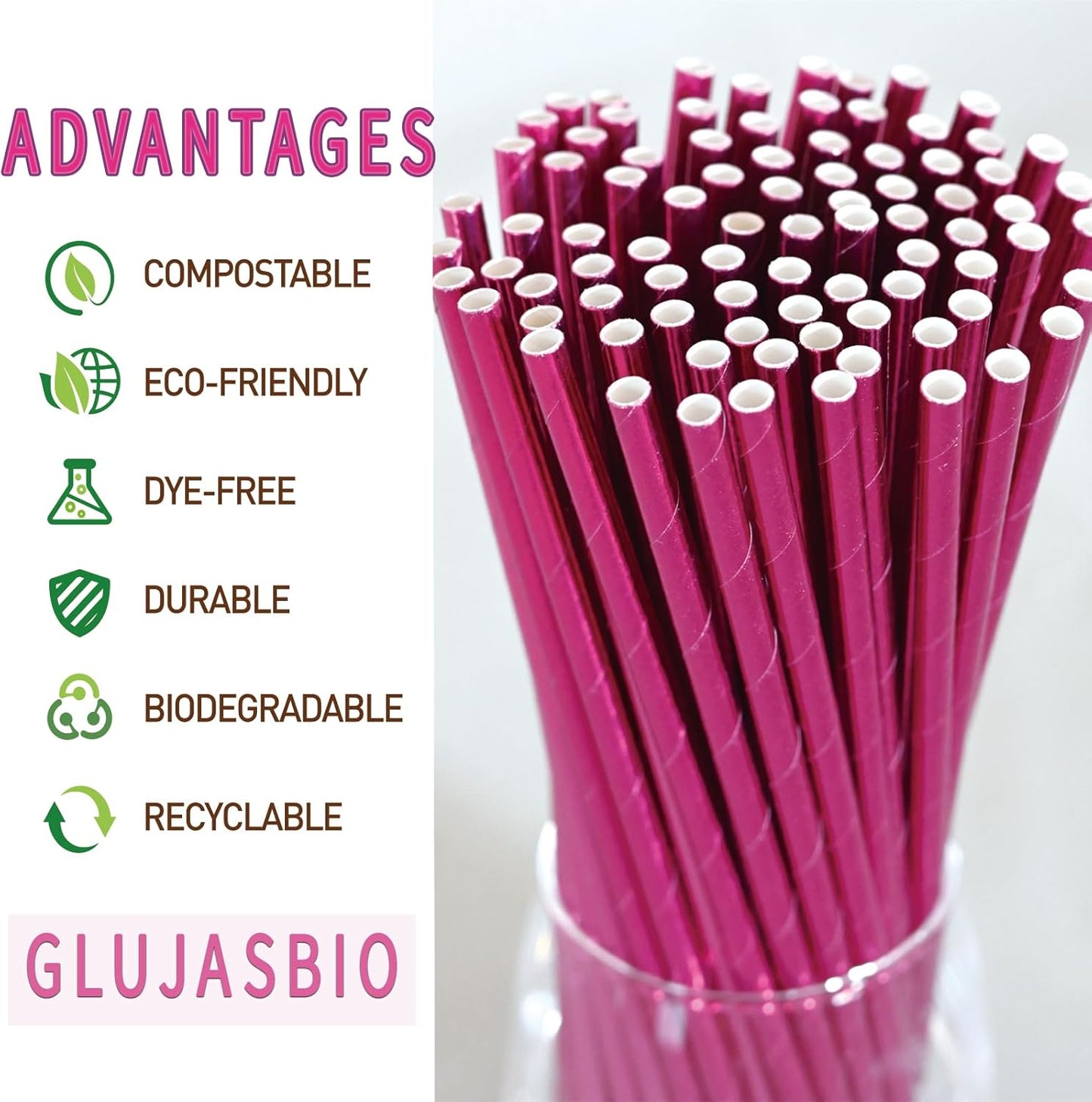 Paper Straws Party,Disposable Drinking Straws, 7.75 Inches, for Birthday, Bridal Party, Wedding, Shiny Rose Pink
