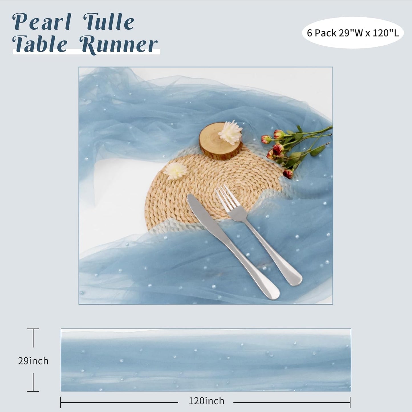 Set of 6 Pearl Table Runner 29 x 120 Inch Dusty Blue Tulle Fabric Lace Table Runners Boho Rustic Table Runners for Bridal Shower Birthday Party Wedding Arch Aisle Veil Dessert Table Decor(Dusty Blue)
