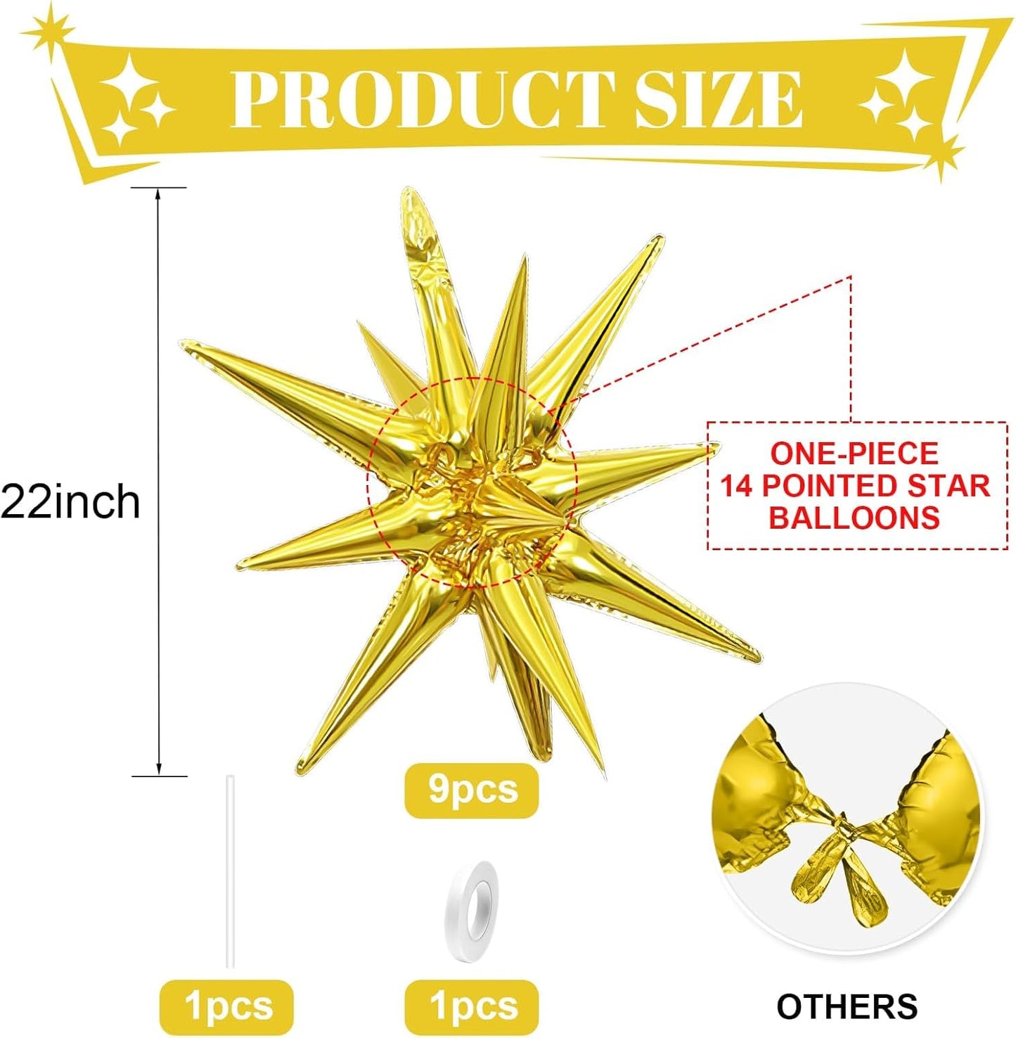 Gold Star Balloons,9Pcs 22Inch Gold Explosion Spike Cone Helium Polyester Film Star Foil Balloons for Birthday Anniversary Baby Shower Wedding New Year Disco Party Decorations