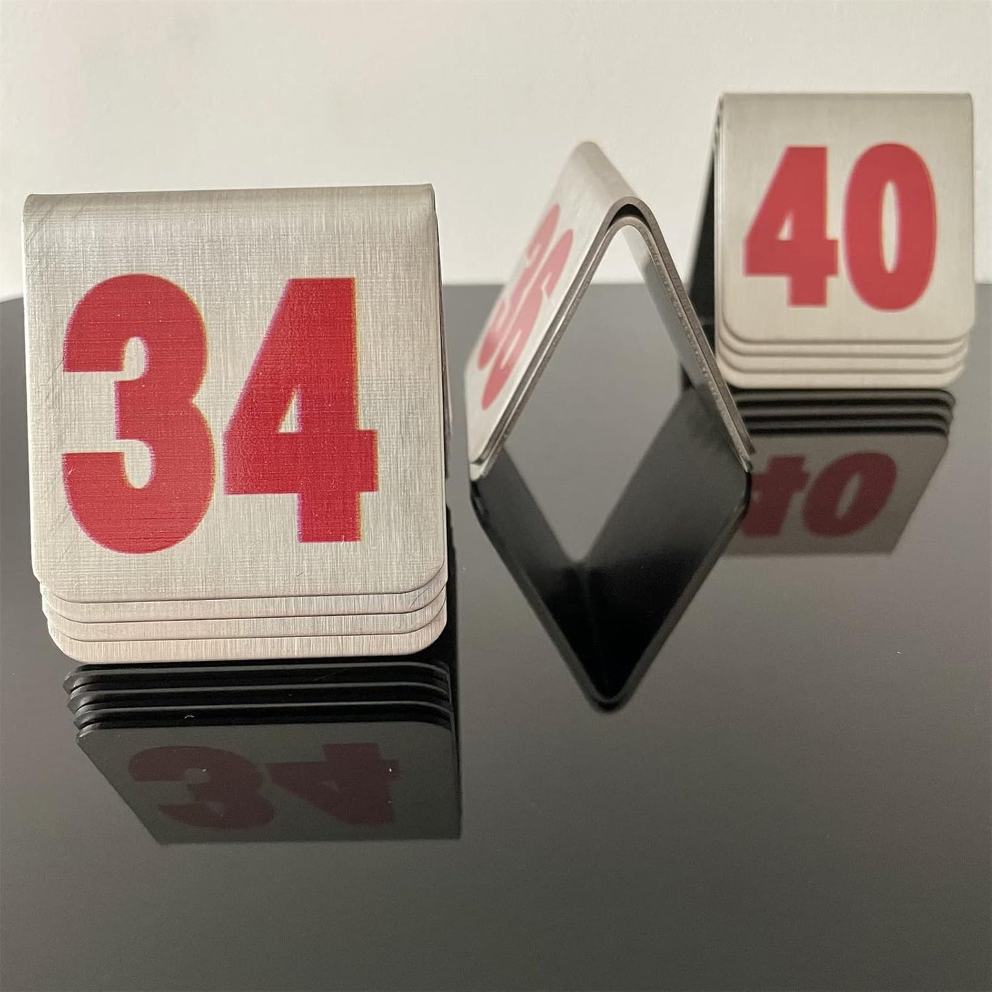 10 Pcs Metal Place Cards Stackable Tent Style Table Numbers，Place Card Holders for Celebration Wedding Party Restaurants Cafes Bars Gatherings meeting Room Board Game Serial (Small 31-40, Red)